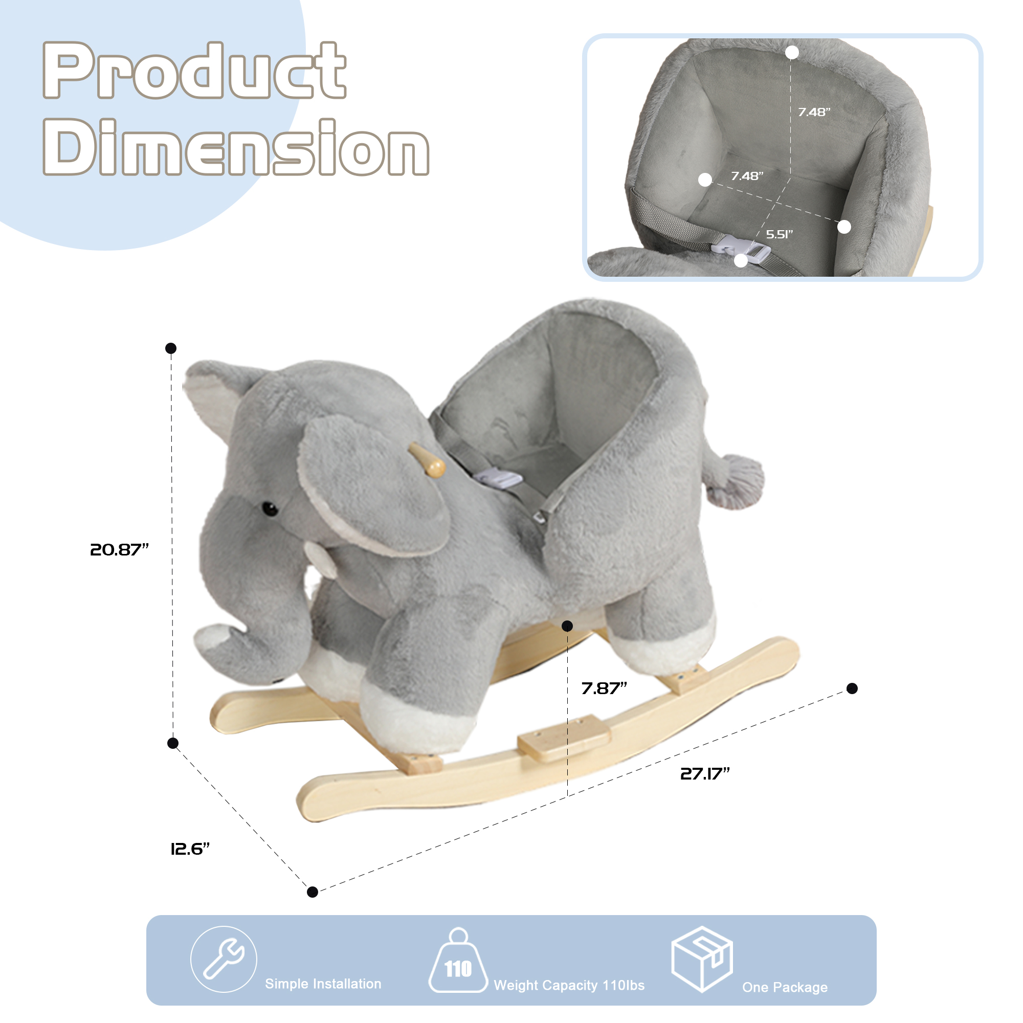 Kids Ride-On Rocking Horse Toy With Elephant Sounds, Elephant Rocking Toy With Hand Puppets And Safety Belt For Children 1-3 Years, Soft Plush Fabric, Grey, CPC Certified — image 2