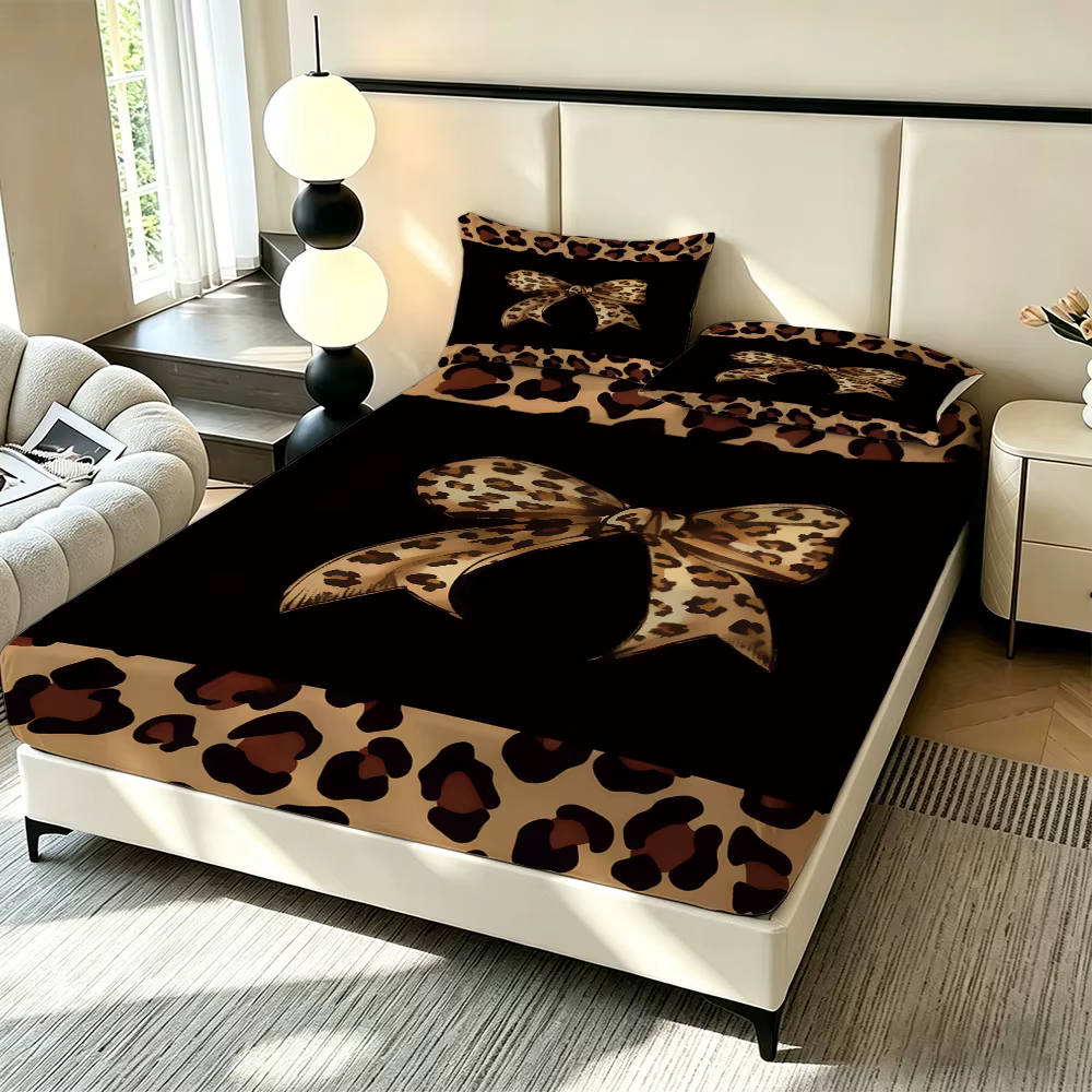Juego de Sábanas sin Relleno de Verano con Estampado de Leopardo y Moños 3 Piezas, Varios Tamaños, Ropa de Cama Cómoda, Decoración, Lavable a Máquina — imagen 5