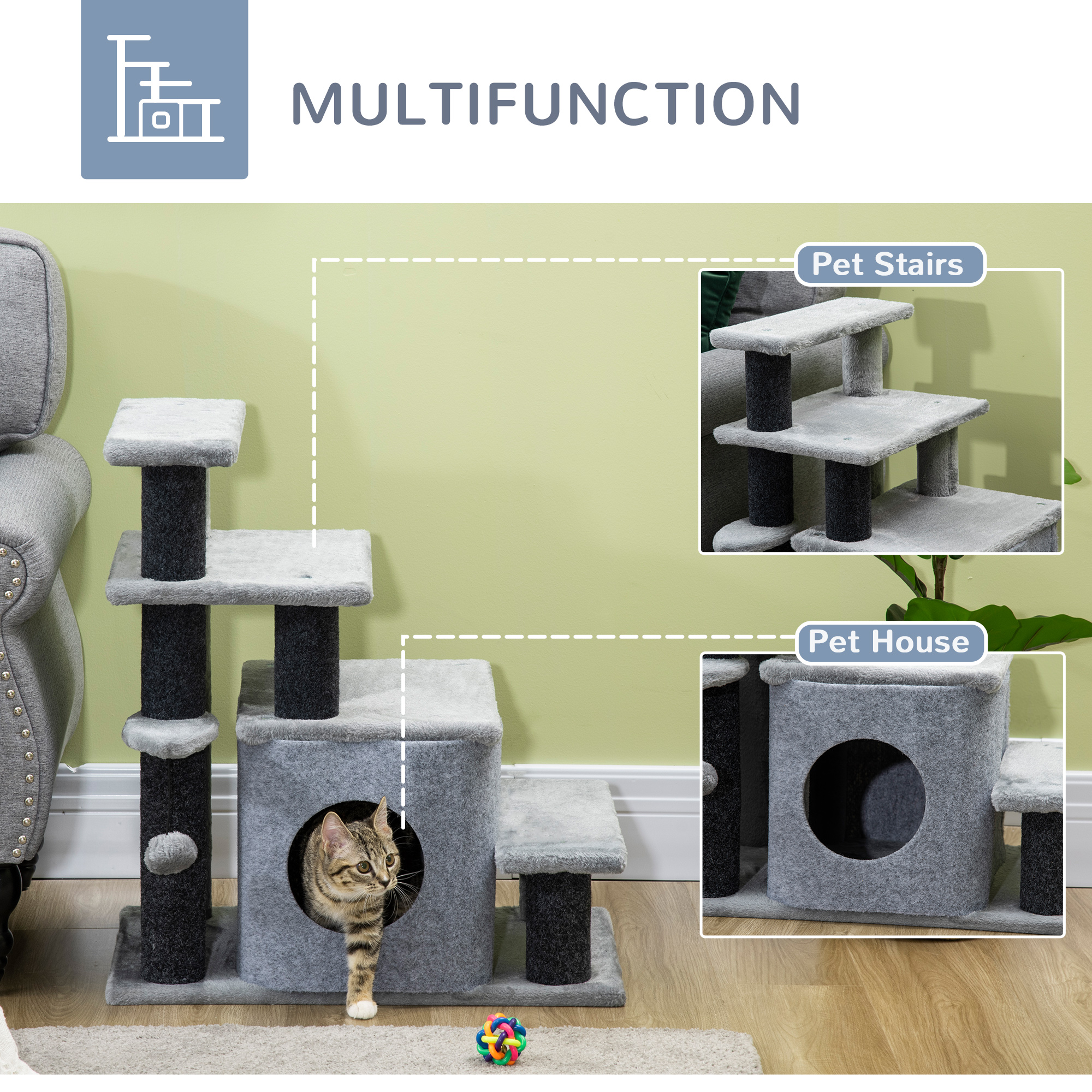 Adjustable Height 3 Step/4 Step Cat Stairs with Cat Scratching Post, Cat Condo, Toy Ball, for Bed, Sofa, Couch, Gray — image 8