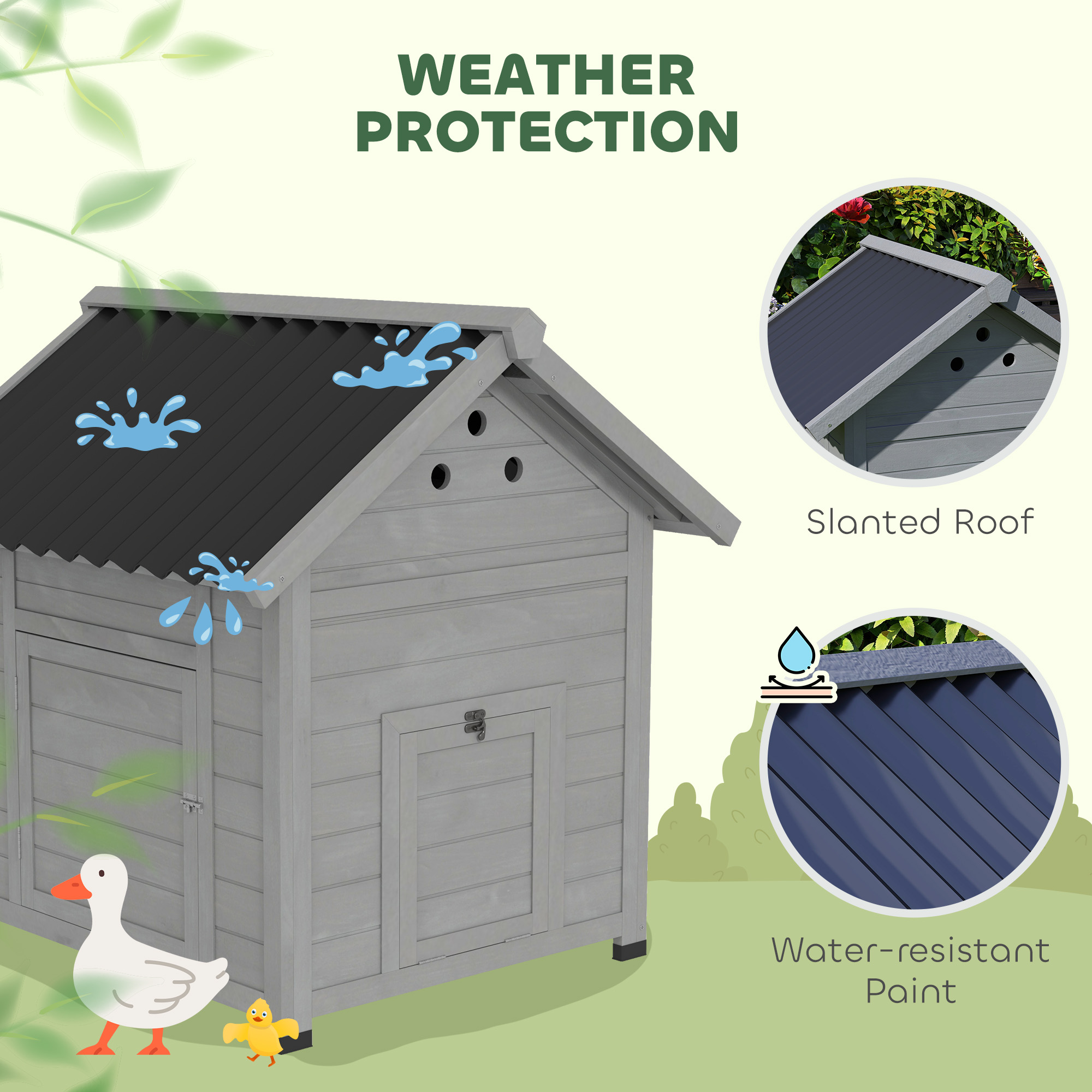 Duck Coop, Wooden Duck House with Openable Roof & Double Doors, Light Gray — imagen 8