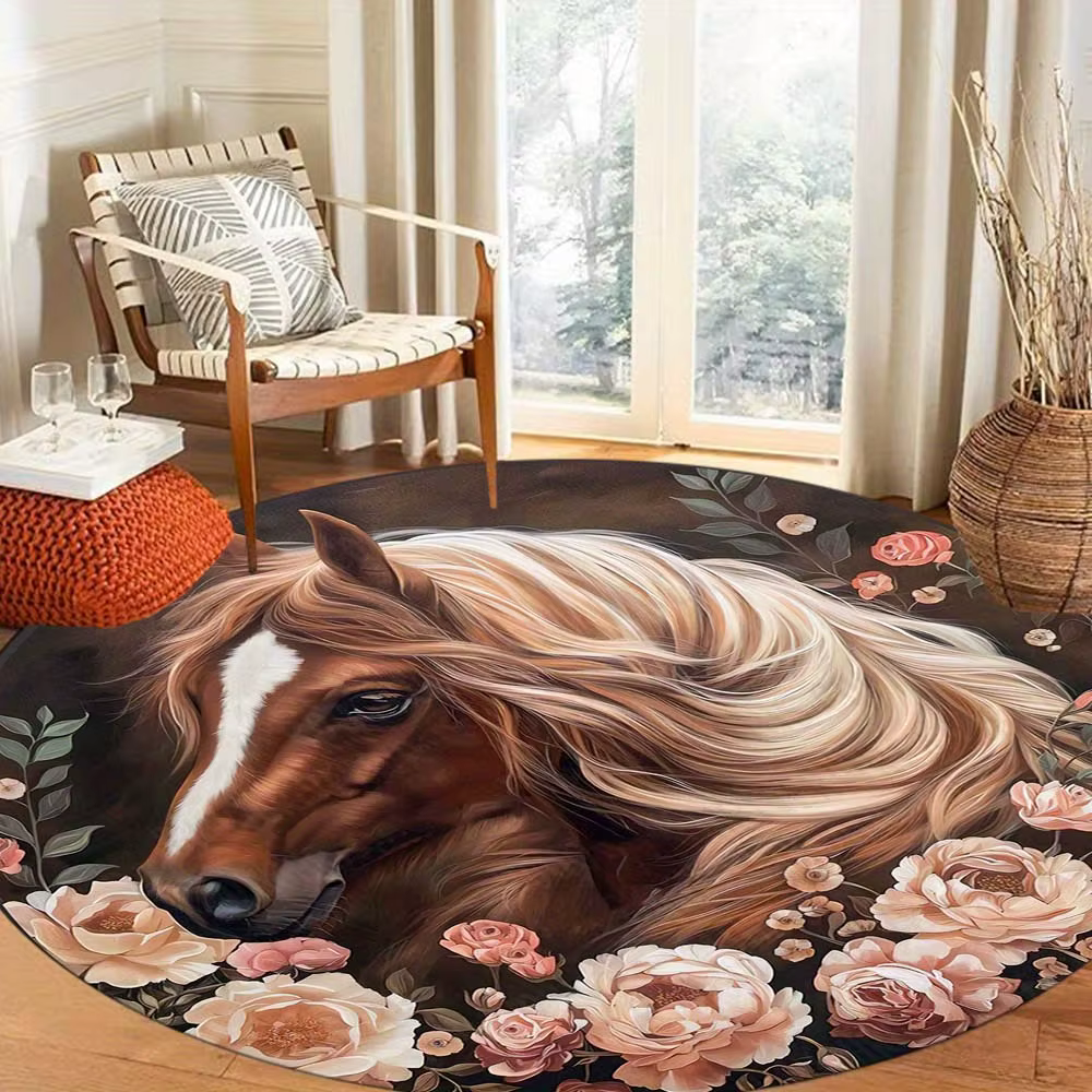 Flower and Horse Pattern Round Area Rug, Non Slip Decorative Floor Mat for Living Room and Bedroom, Ideal Home Decor Gift — image 4