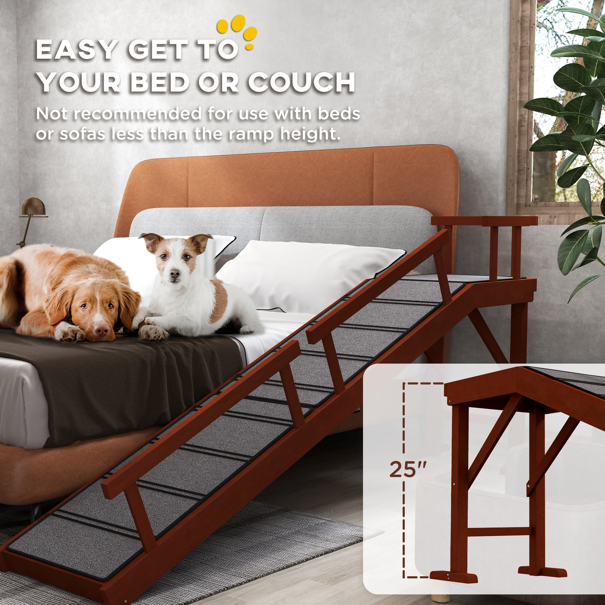 Wooden Dog Ramp with Removable Guardrails, Non-Slip Surface, 73" Long, Brown — imagen 4