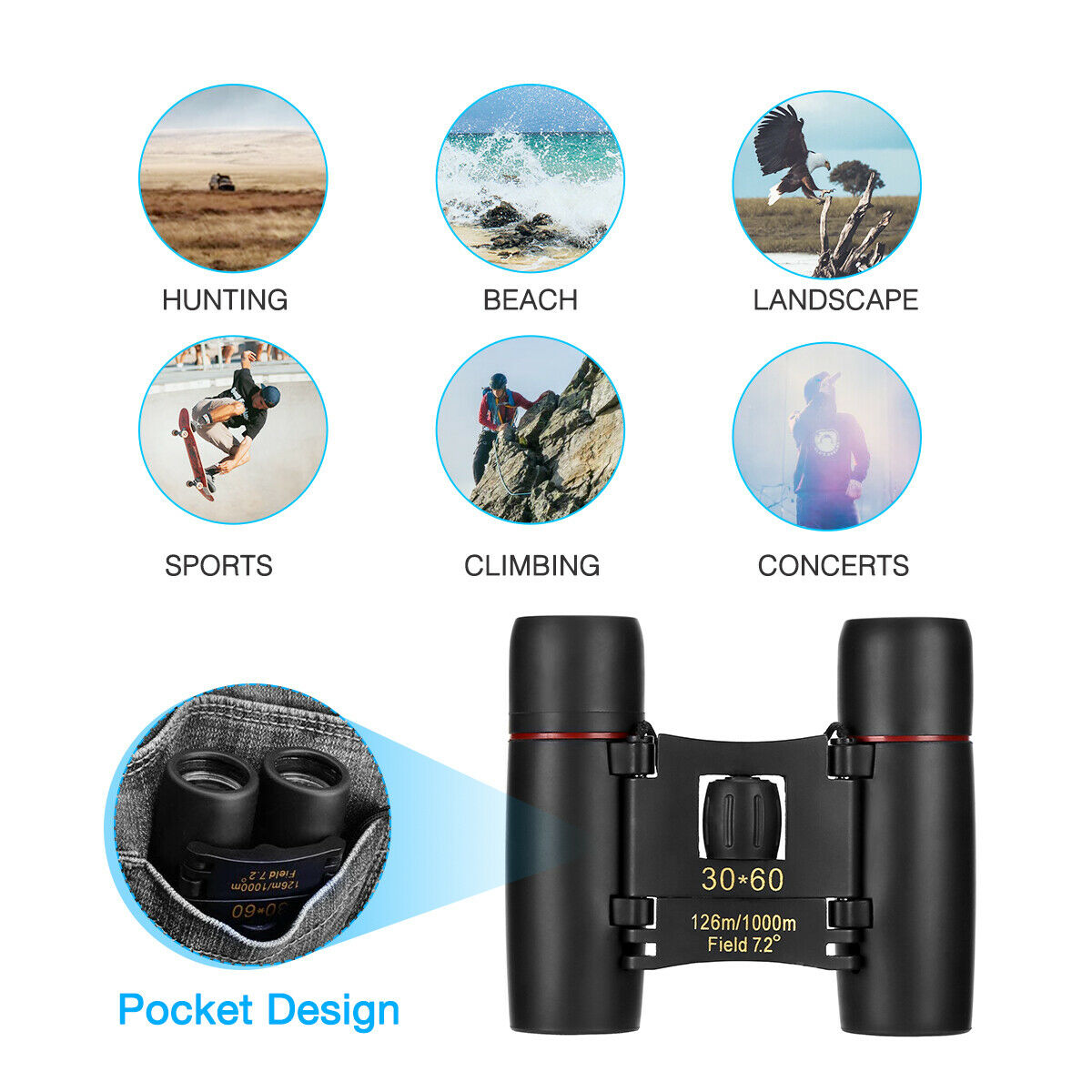 Binoculares 30x60 con Zoom, para Viajes, Telescopio Plegable Compacto, para Caza, Día y Noche, al Aire Libre, Binoculares Pequeños de Bolsillo, Compactos para Adultos, Mini para Niños, para Niños, para Observación de Aves, Conciertos, Teatro y Ópera — imagen 7