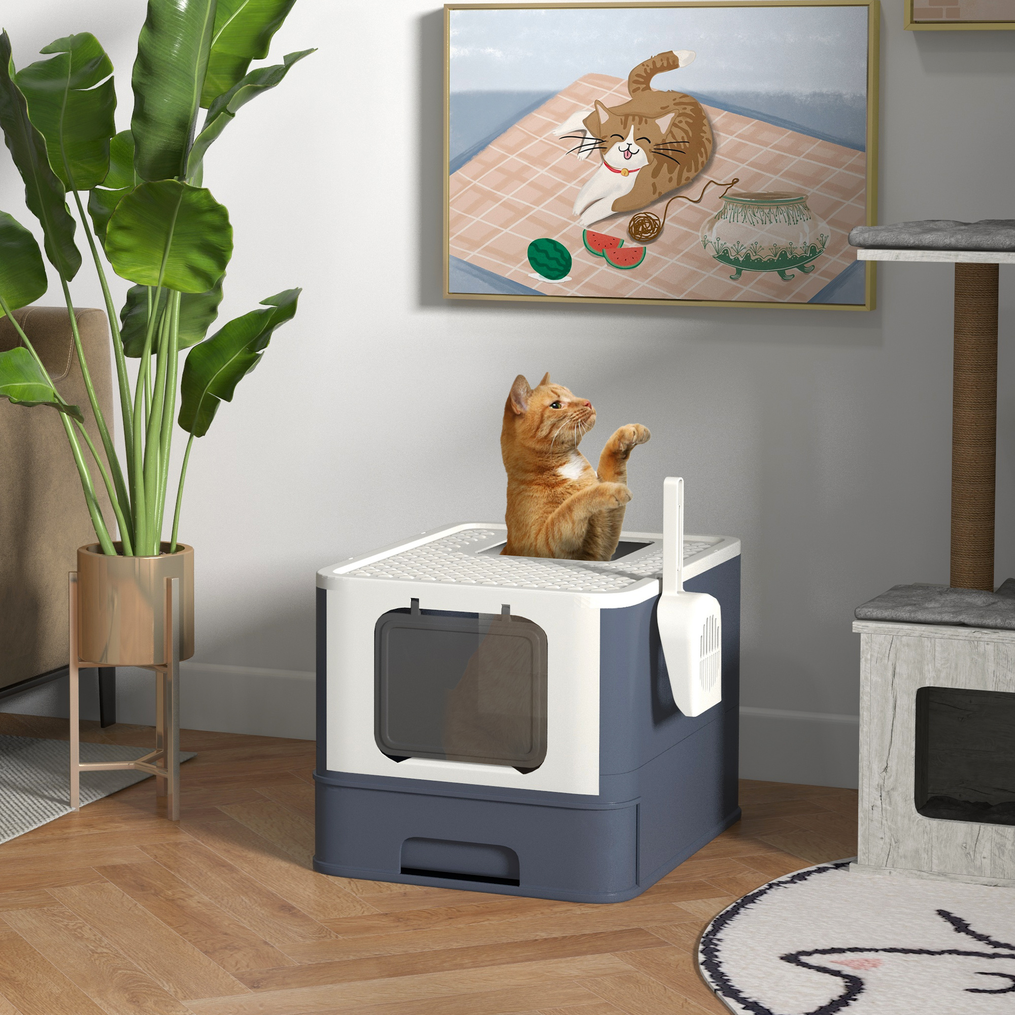 Caja de Arena para Gatos con Tapadera, Cuchara y Acceso Frente y Superior para Gatos Grandes, Blanco — imagen 5