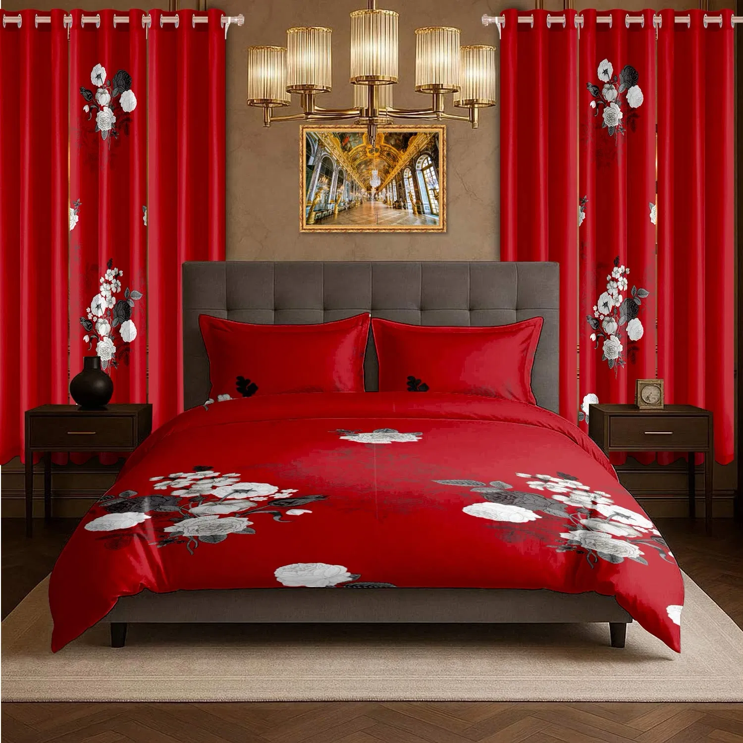 9-Piece Burgundy Red Floral Bedding & Curtain Combo Set, Vibrant Crimson Quilted Bedspread with 6 Light Filtering Window Panels & 2 Shams, Easy Care Microfiber Coverlet, Pet Friendly — image 4