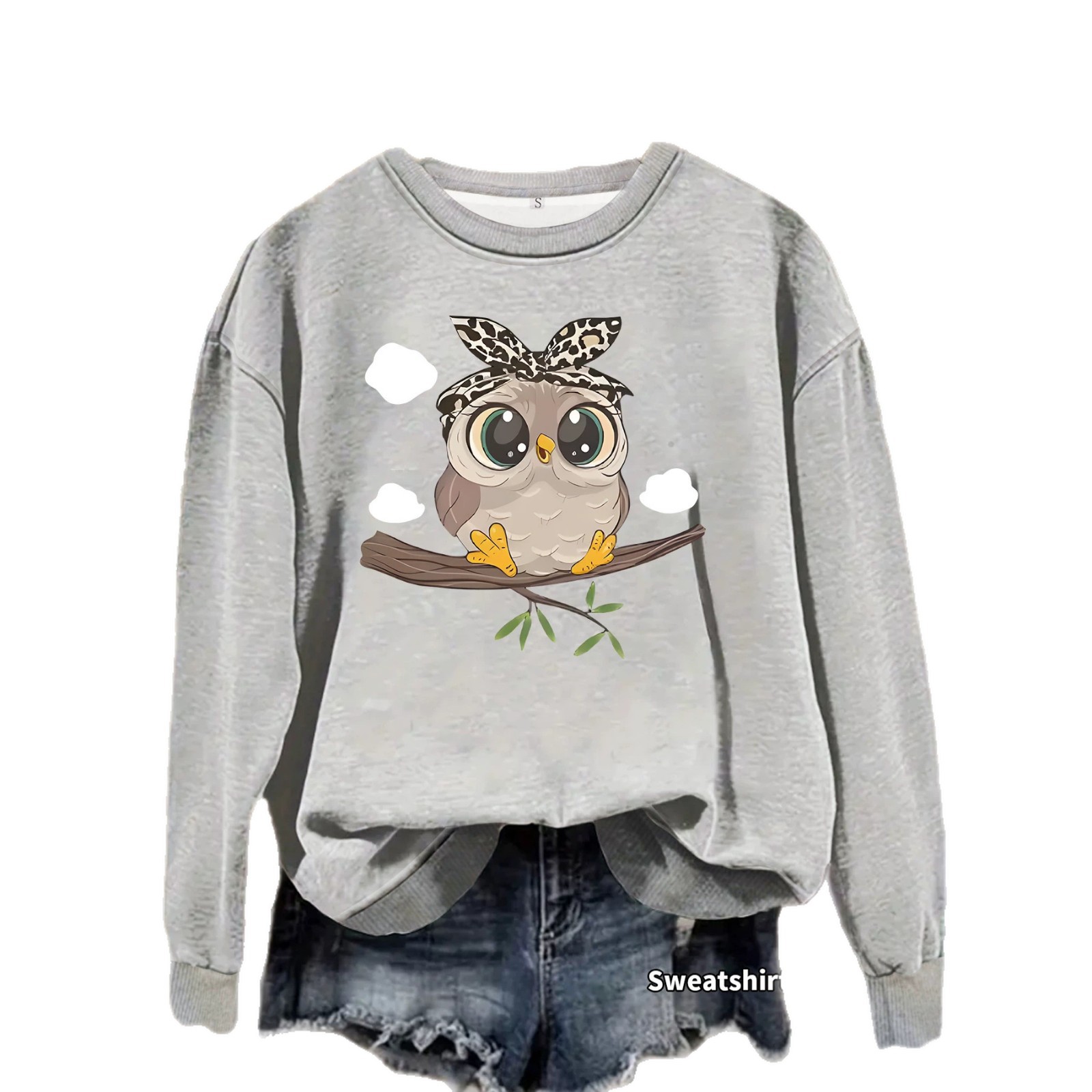 Owl white cloud print loose women's hoodie — image 1