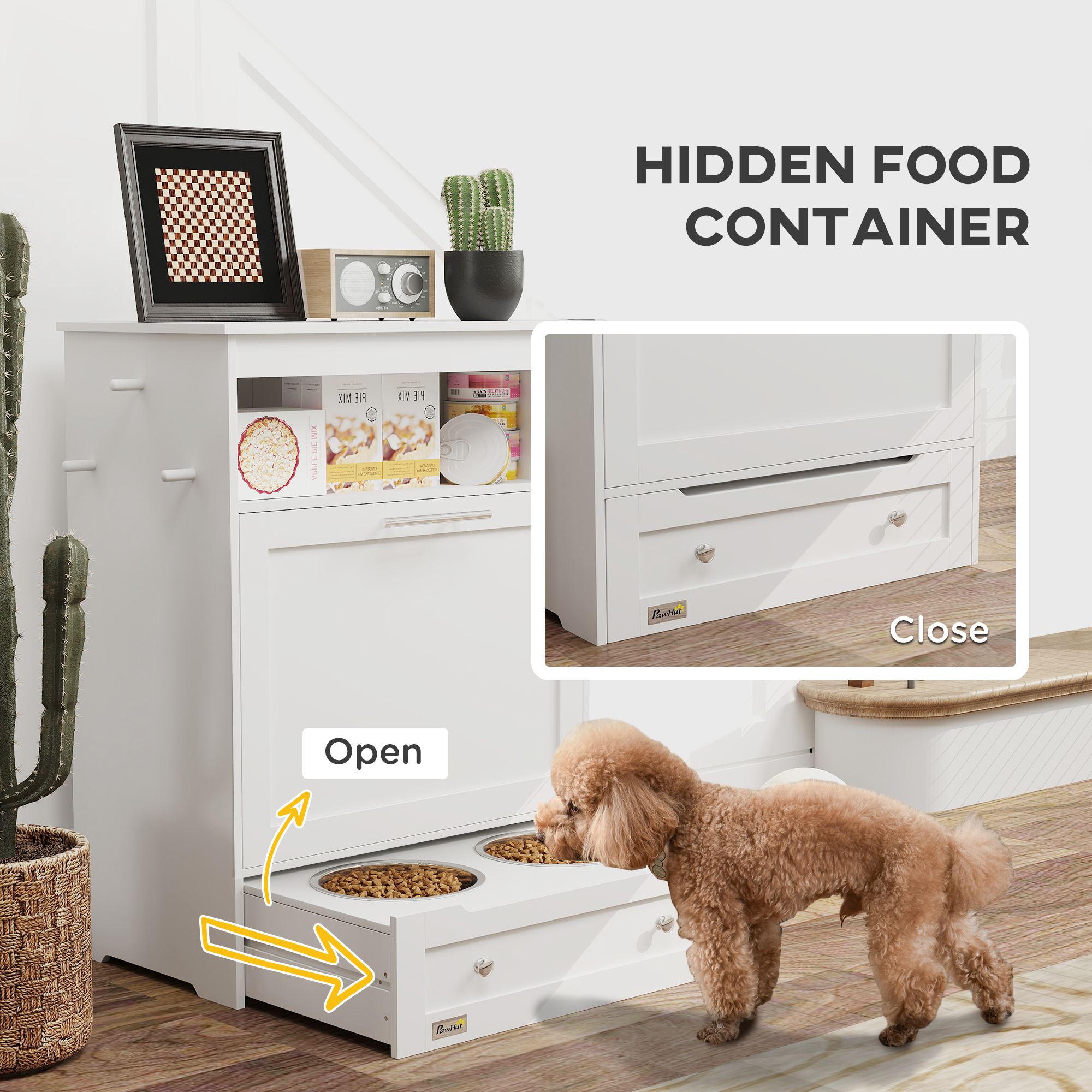 Estación de Alimento para Mascotas, Armario de Almacenamiento con Tazas Elevadas para Perros y Suministros de Agua, Blanco — imagen 6