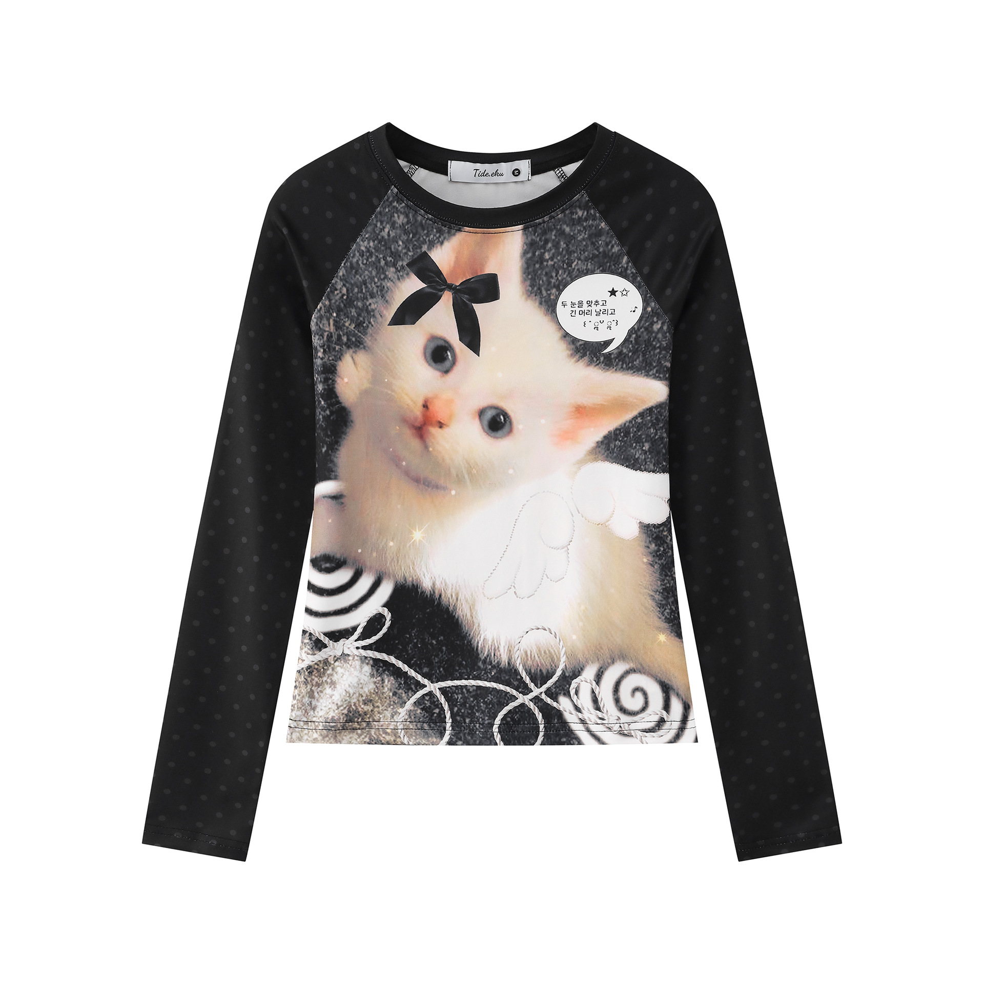 Y2K Polka Dot Cat Print Raglan Long Sleeve Crop Sweatshirt — image 1