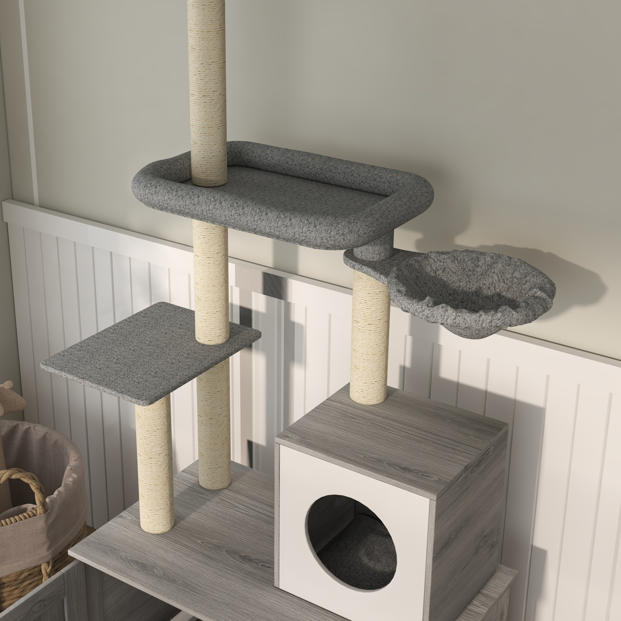 Rascador para Gatos de Piso a Techo 2 en 1 con Caja de Arena Cerrada, Condominio, Cama, Hamaca, Postes Rascadores y Plataformas, Gris — imagen 4
