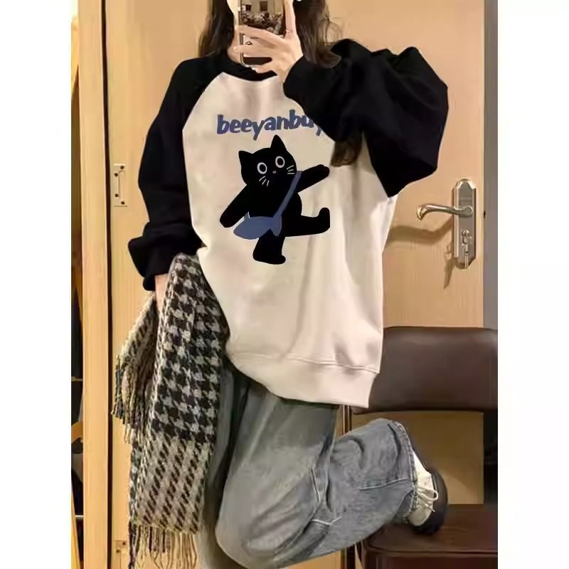 Oversized Fleece Hoodie for Women with Color-Blocked Shoulder and Cat Print, Round Neck — image 3