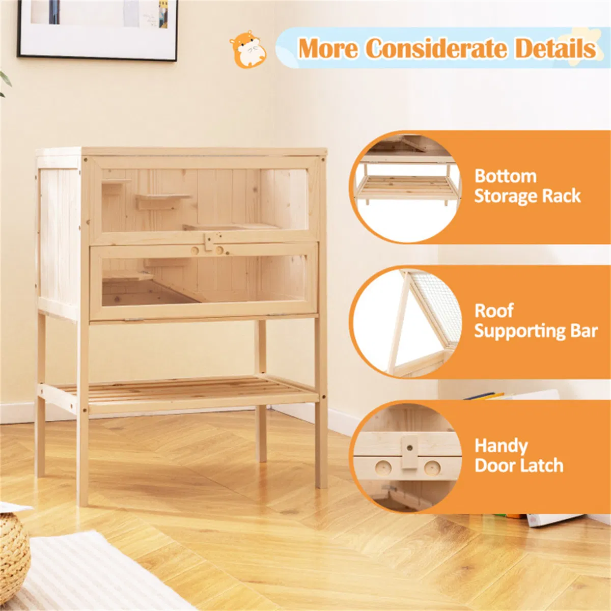 31.5 " Fir Wood Hamster Cage with Flip Mesh Roof, Multi-Level Activity Areas & Bottom Storage Shelf — image 2