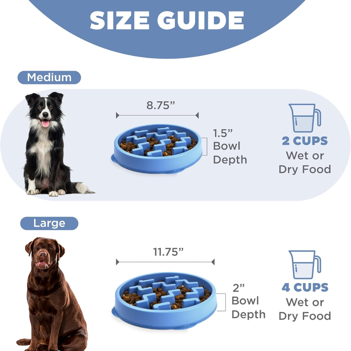 Tazón de Alimentación Lento Medio 2 Tazas Capacidad, Comida Lenta, Perros y Gatos Pequeños a Medianos, No Deslizante, Azul, Patrón de Corteza — imagen 7