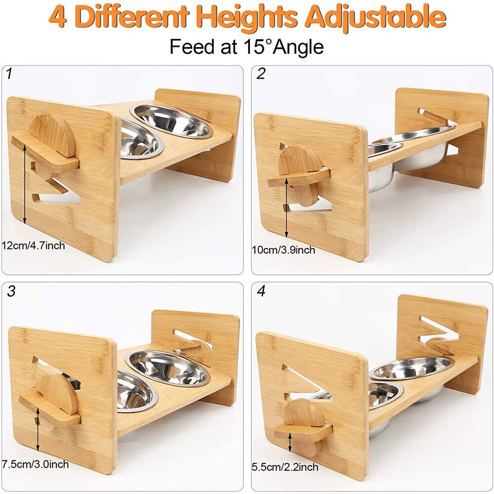 Elevated Dog Bowls with Stand Raised Dog Bowls 4 Heights Adjustable Dog Bowls Bamboo Dog Feeding Station 2 Stainless Steel Bowls — image 8
