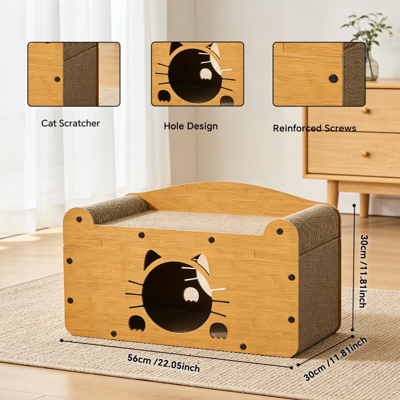 Sofá Rascador para Gatos en Forma de Bigotes, Cama de Madera con Rascador Superior y Espacio Privado Inferior, Cuidado de Uñas y Juguete para Descansar — imagen 4
