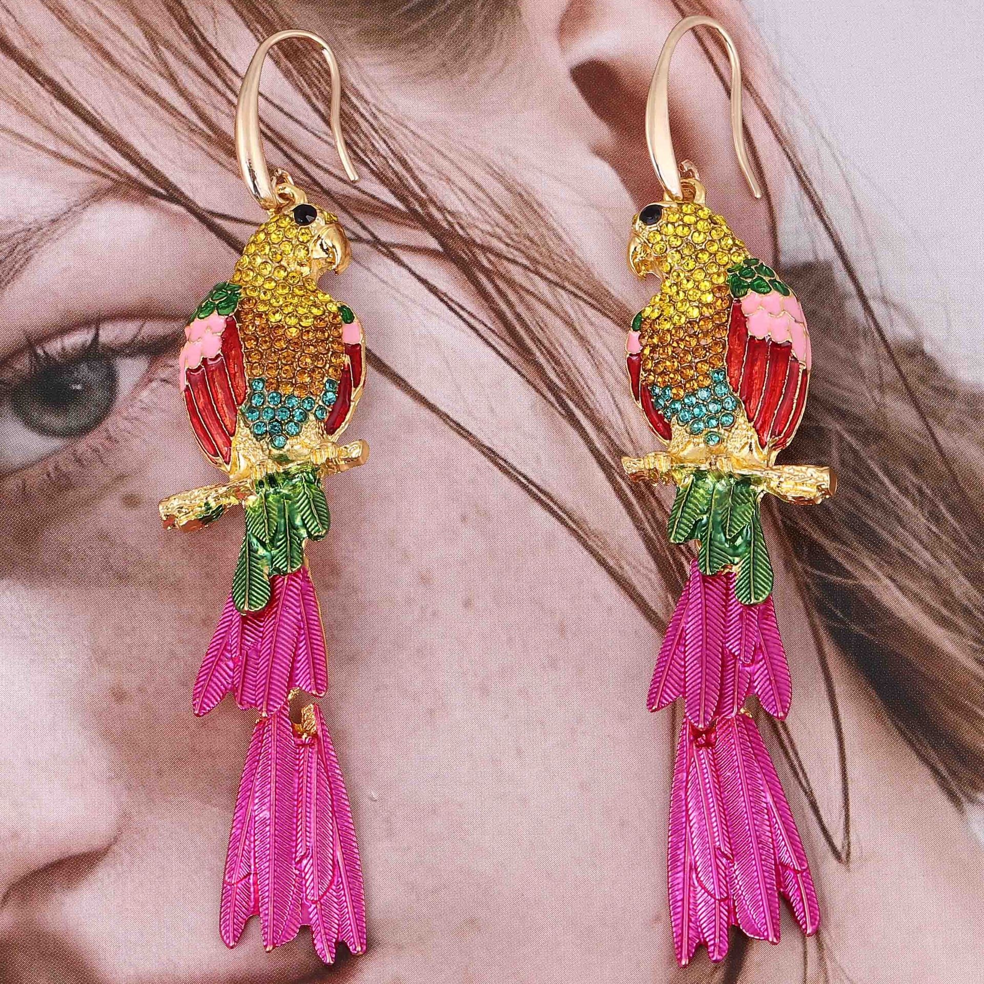 Pendientes de diamante tipo gota de aceite de loro de aleación, pendientes de animales, personalizados y de moda — imagen 4
