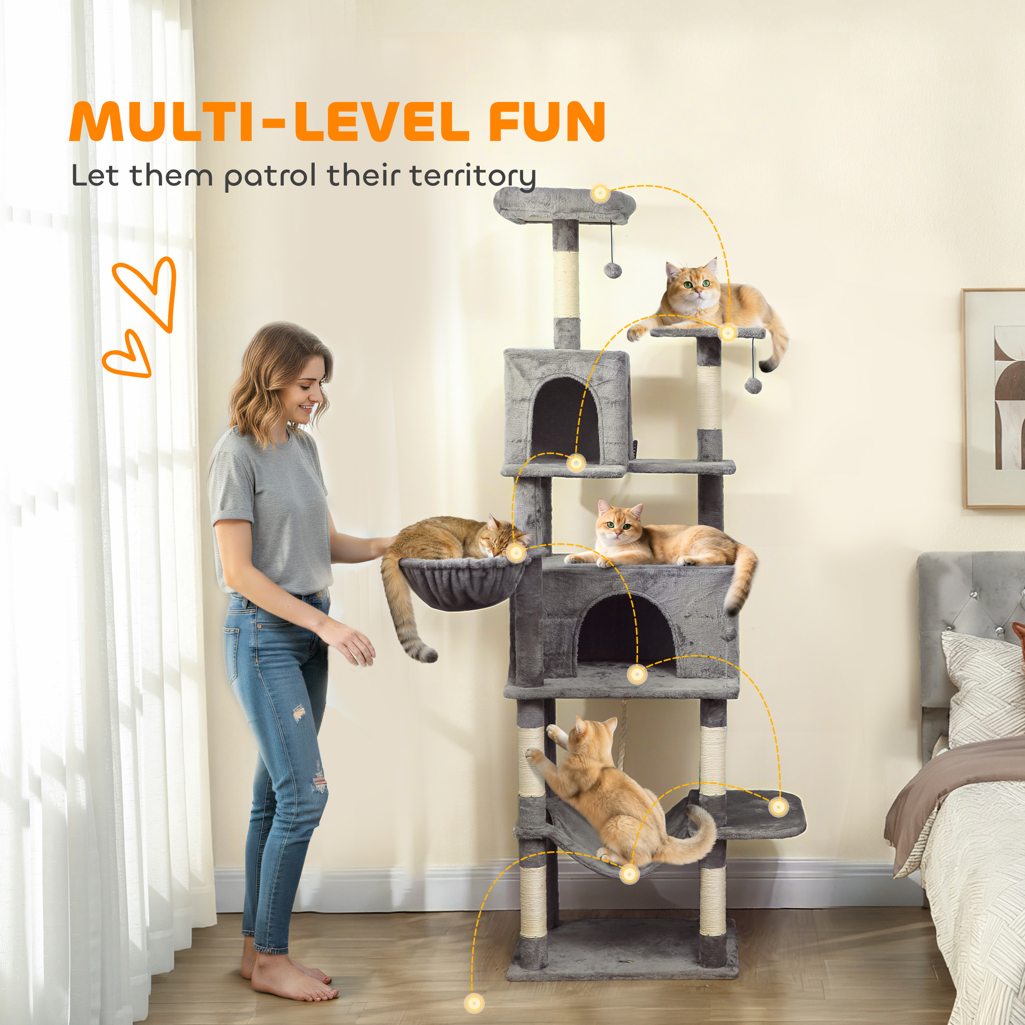 Torre para Gatos de Niveles Múltiples, 80" de Alto, con 2 Condominios, 2 Hamacas y 6 Postes de Escarbar de Sisal en Gris Oscuro — imagen 8