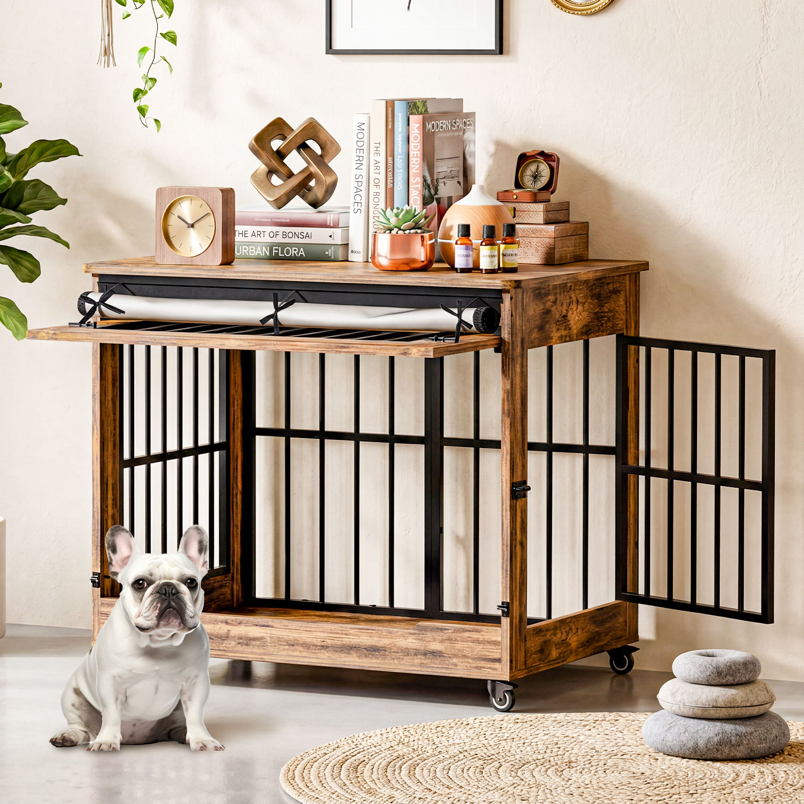 Dog Crate Furniture, Double Door Wooden Indoor Dog Kennel Furniture, Decorative Pet Cage End Table With Wheels For Large And Medium Breed Dogs, Size L, Greige — image 20