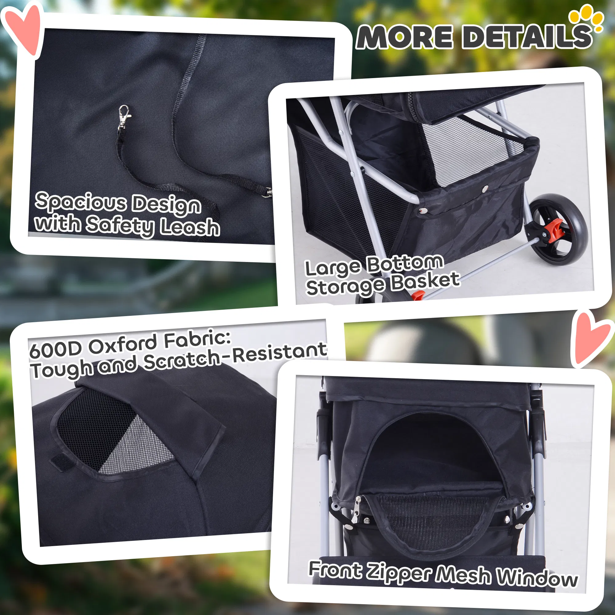 Dog Stroller, One-click Folding Pet Stroller with Cup Holder, 4 Wheels Travel Carrier w/ Brakes, 360° Swiveling Front Wheels, Storage Basket, for XS/Small Dogs Cats, Black — image 6