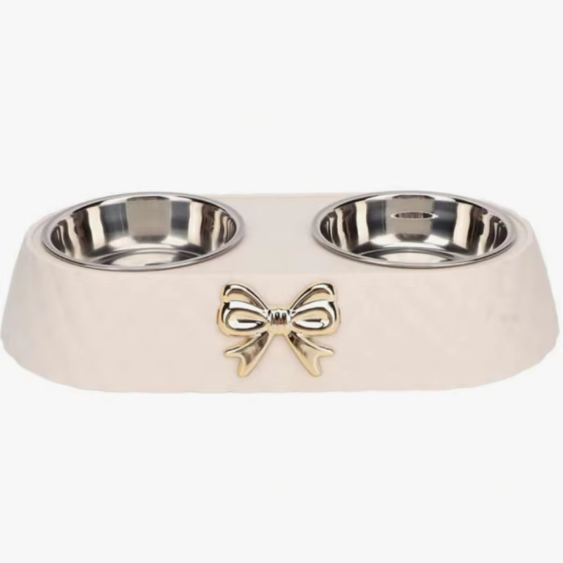 Double Pet Bowl Set Stainless Steel Pet Bowls With Bowknot Decor Holder Non-Slip Non-Spill Food Water Feeding Bowl Set For Small Medium Dogs Cats Puppies Adjustable Elevated — image 3
