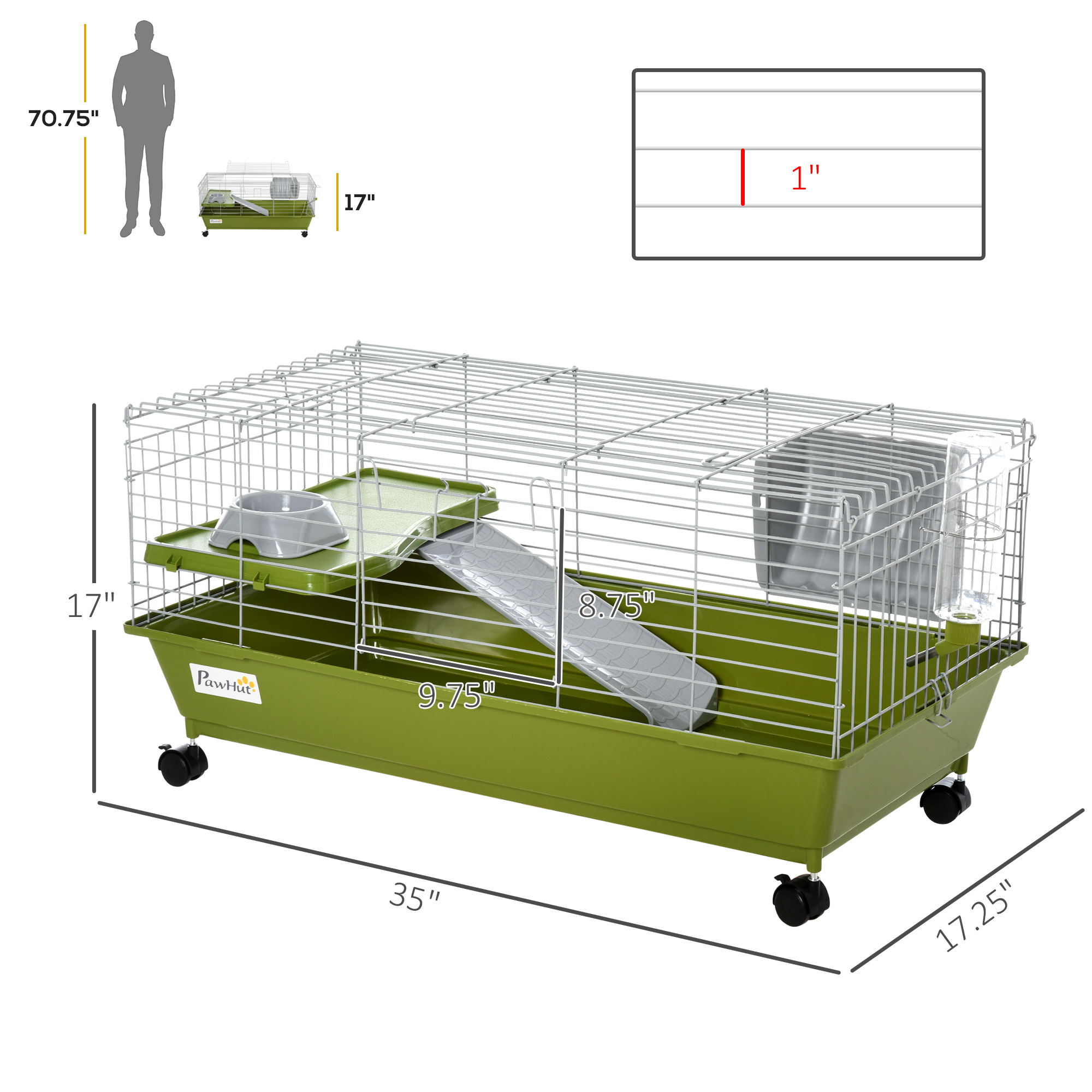 Jaula Grande para Animales Pequeños con Ruedas, Jaula para Conejo y Cuyo con Plato de Comida, Botella de Agua, Comedero de Heno, Plataforma y Rampa para Chinchilla, Verde — imagen 6