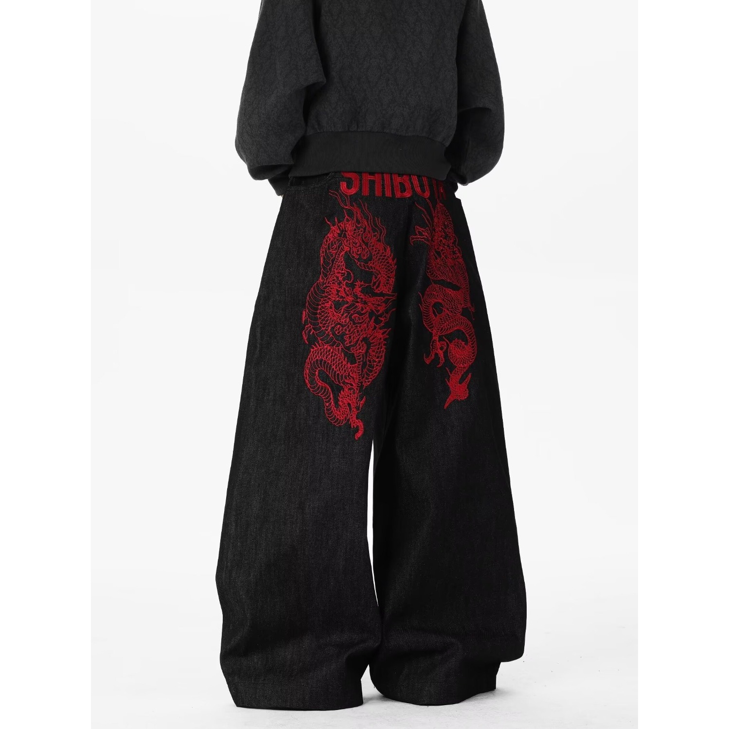 Red Dragon Embroidery Knife Jeans Men Loose Casual Cargo Wide Leg Long Pants — image 5