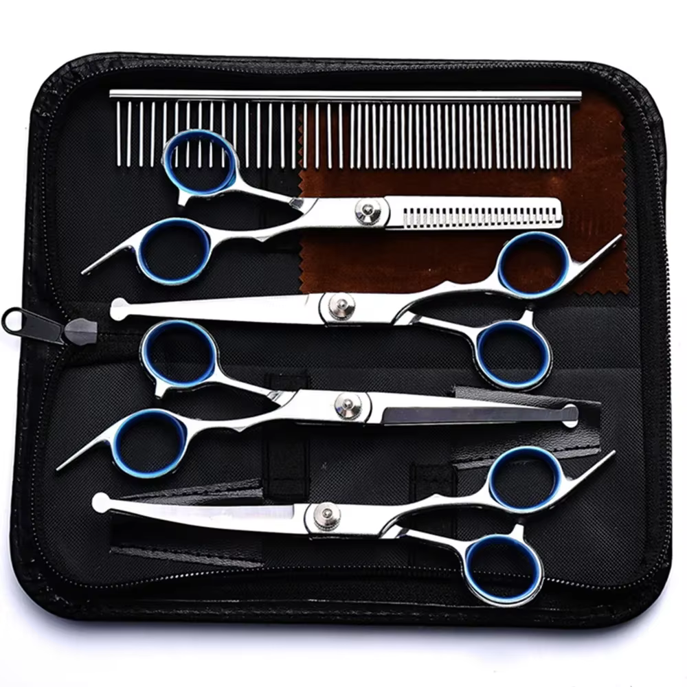 5 in 1 Professional Dogs Grooming Scissors Set Stainless Steel Dog and Cat Hair Thinning Shears with Safety Round Tip for Pet — image 2