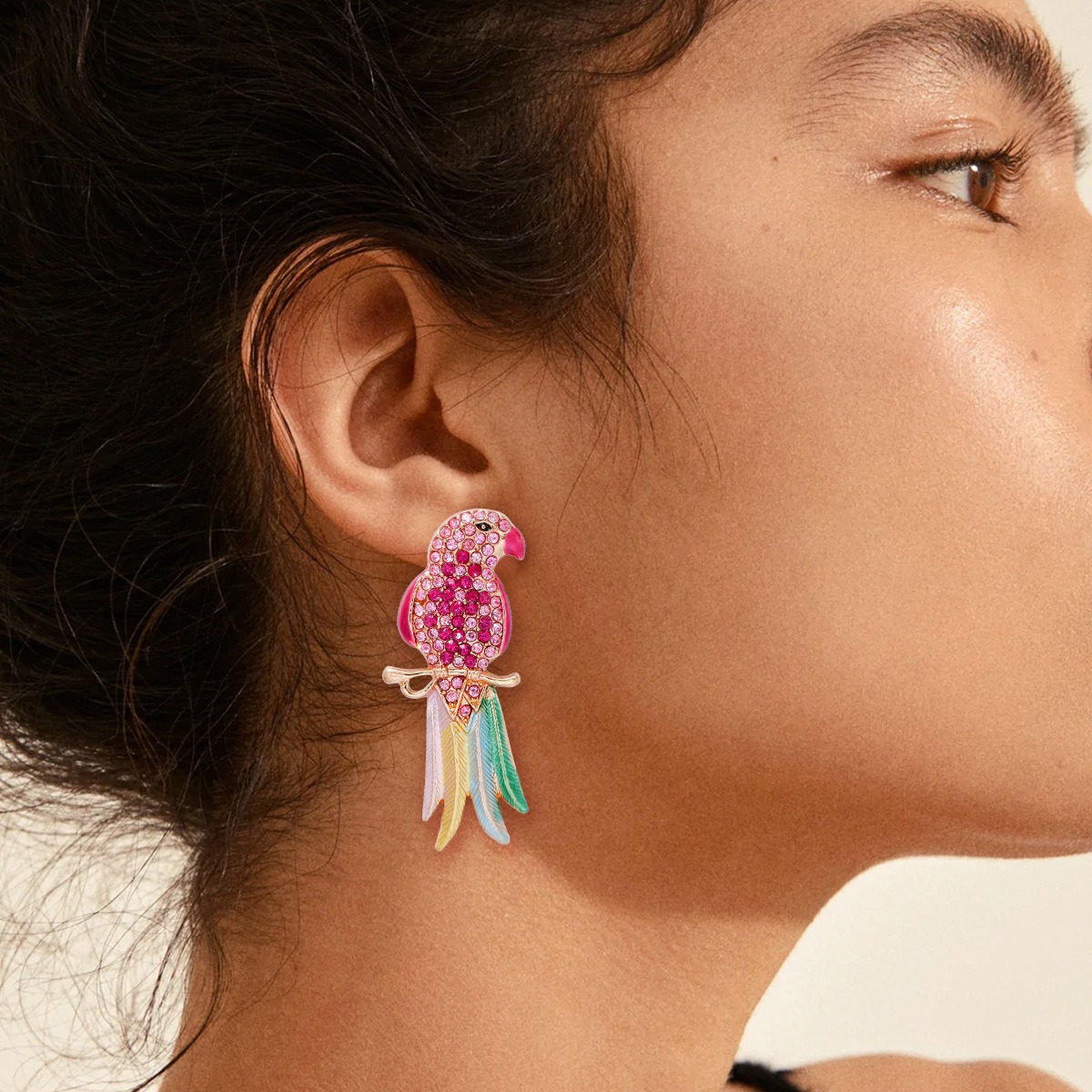 Parejas de pendientes de ave colorida en forma de diamante retro y adorables para mujer — imagen 5