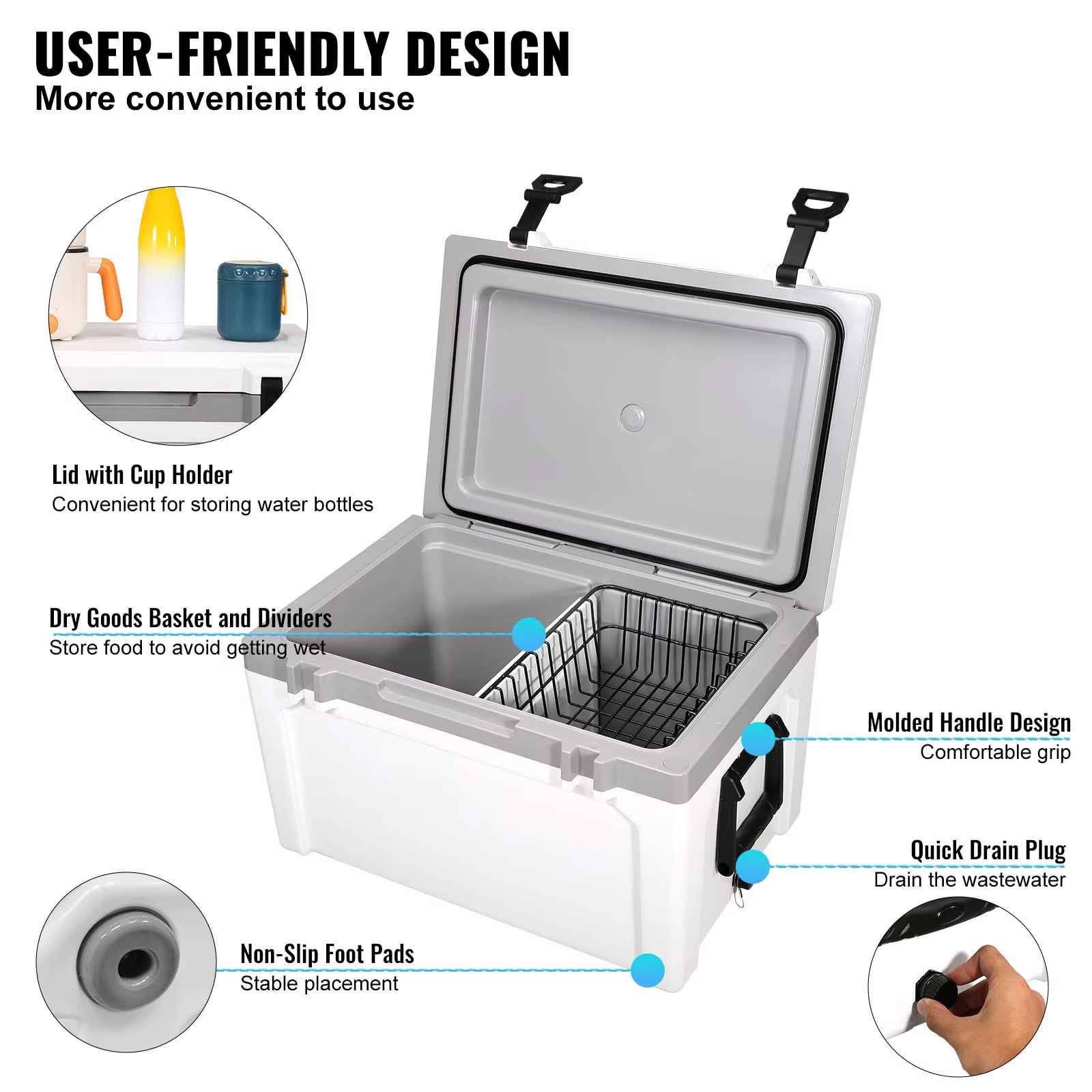 VEVOR 52QT Portable Hard Cooler Fully Insulated Ice Chest Cooling Box Goods Basket for Beach Outdoor Camping Travel — imagen 6