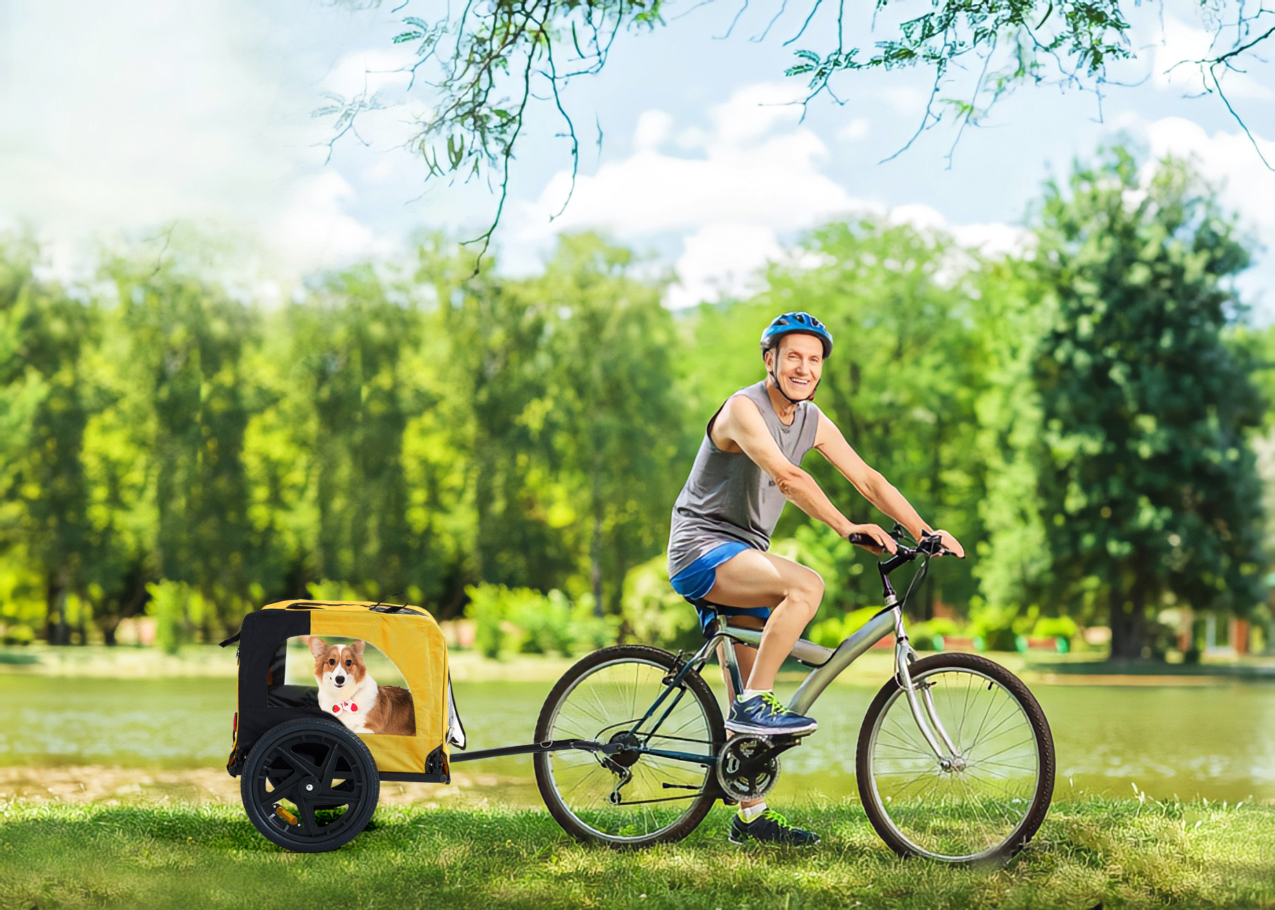 Yellow Outdoor Heavy Duty Foldable Practical Pet Stroller Dog Carrier With Bicycle Tow — image 7