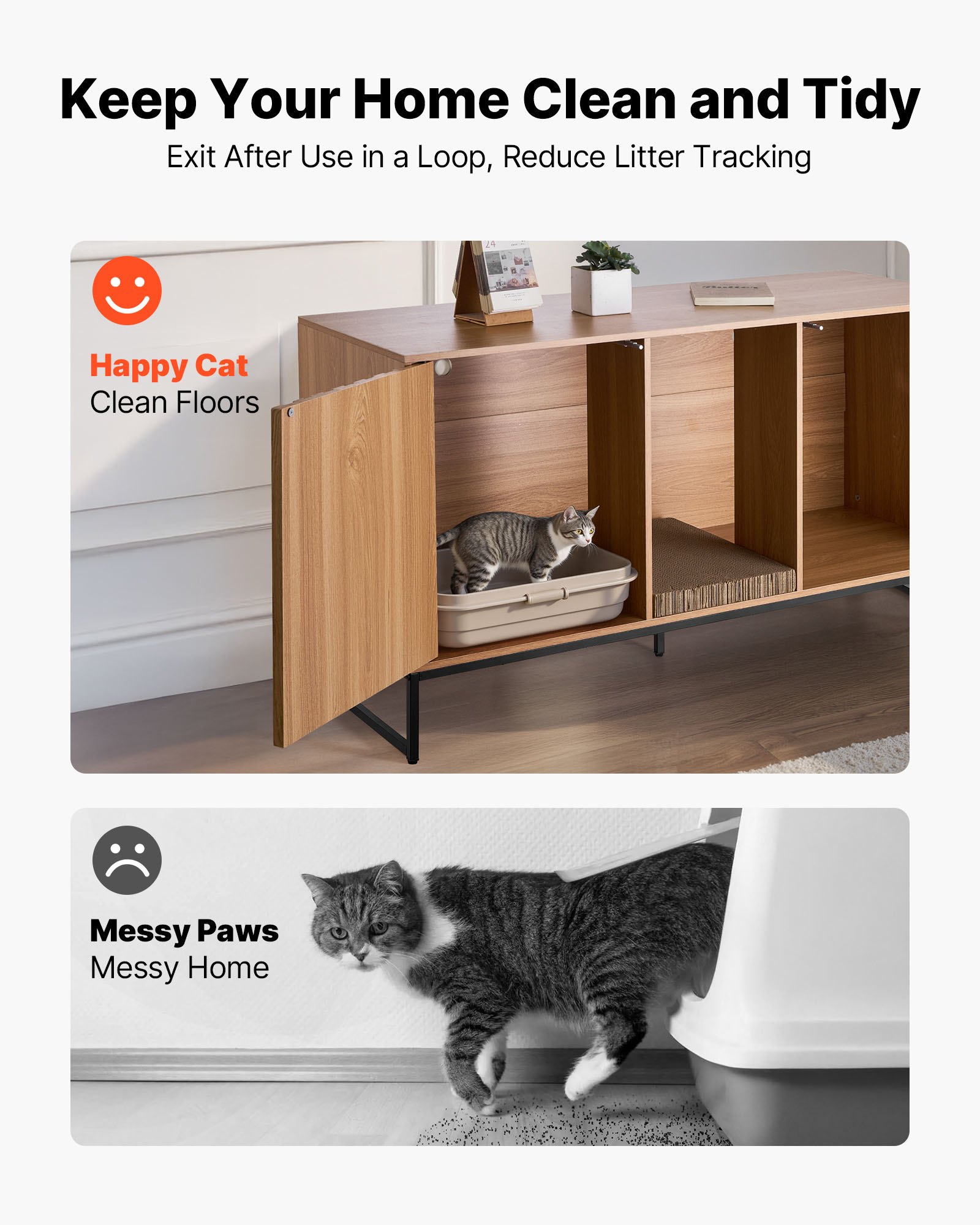 Caja de Limpieza para Gatos en Mueble Encerrado, 47.2'' Caja Oculta con Pala y Almacenamiento, Baño Hidráulico para Gatos con Mesa de Pie, Adecuado para la Mayoría de Cajas de Arena — imagen 3