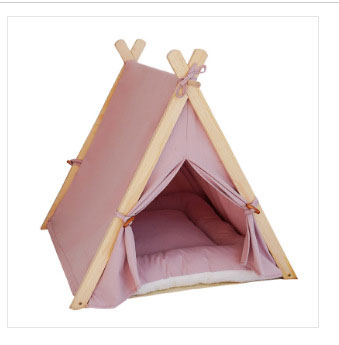 Four Seasons Pet Nest Removable and Washable Beige Stripe Canvas Solid Wood Tent Cat Nest Dog Bed — image 7