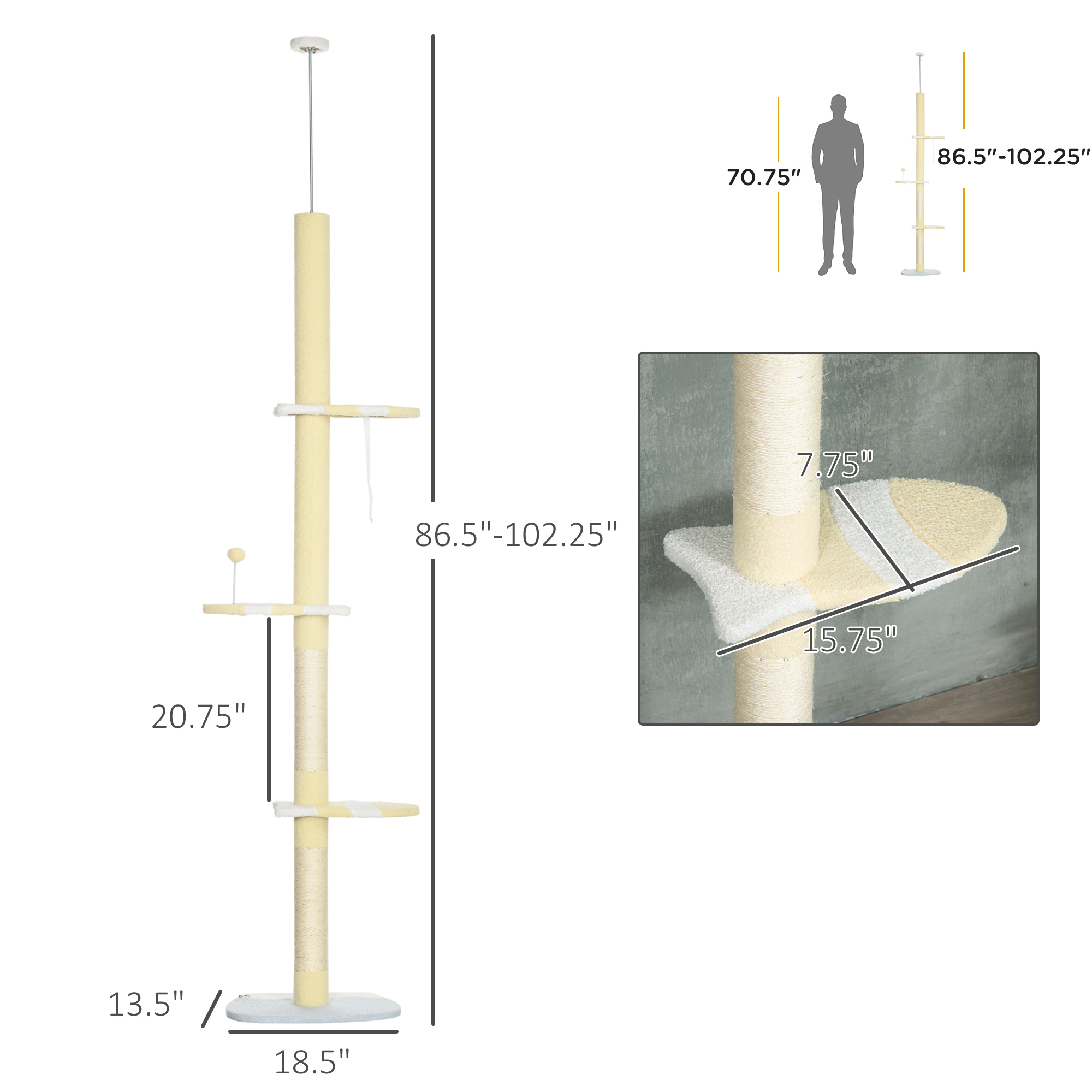 Árbol para Gatos de 4 Niveles del Piso al Techo, Altura Ajustable de 87 a 103 Pulgadas — imagen 8