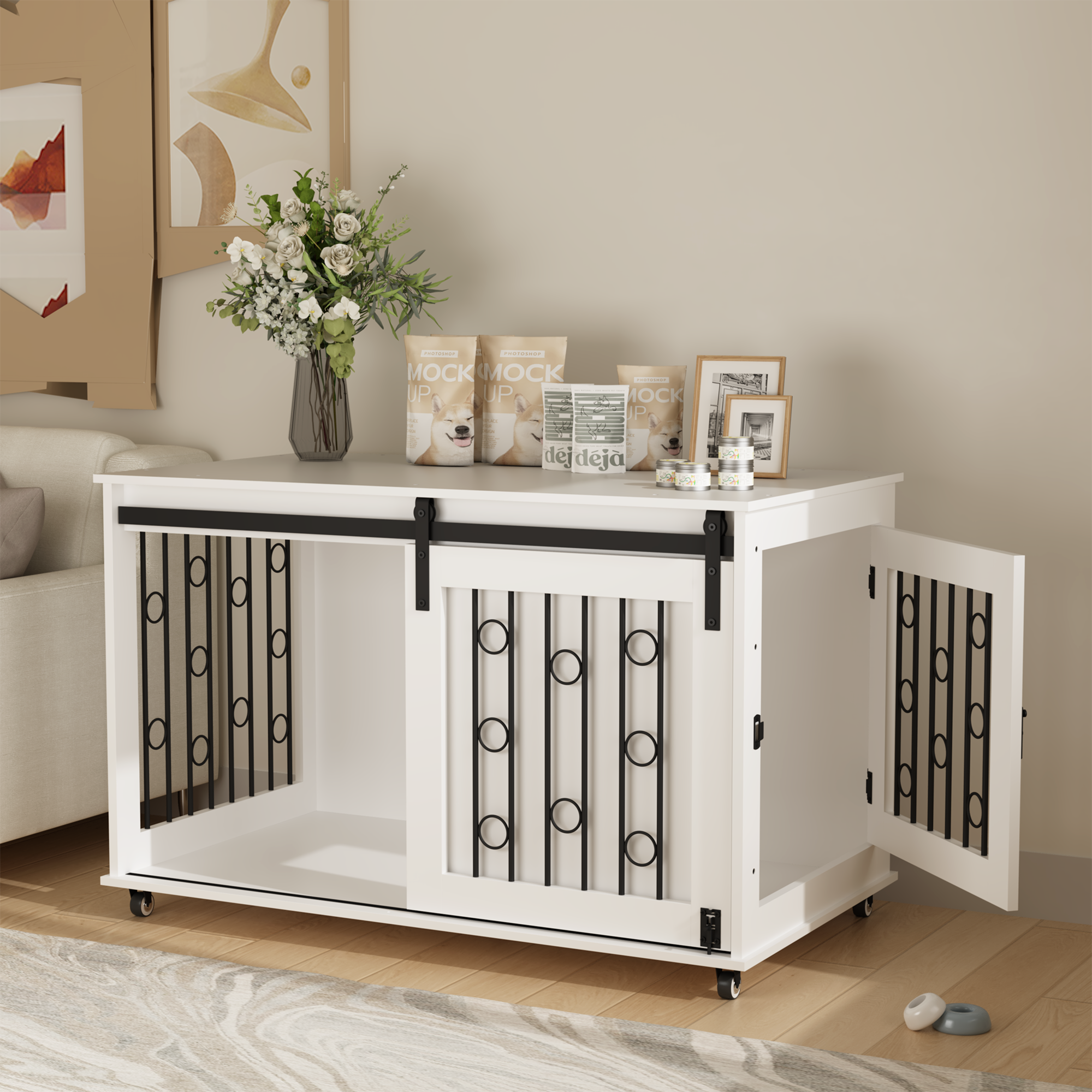 39.37 Modern Wooden Dog Crate Furniture With Sliding Barn Door And Side Door, Indoor Dog Kennel End Table For Small To Medium Dogs, Decorative Pet Crate With Metal Bars And Lockable Wheels White — image 5