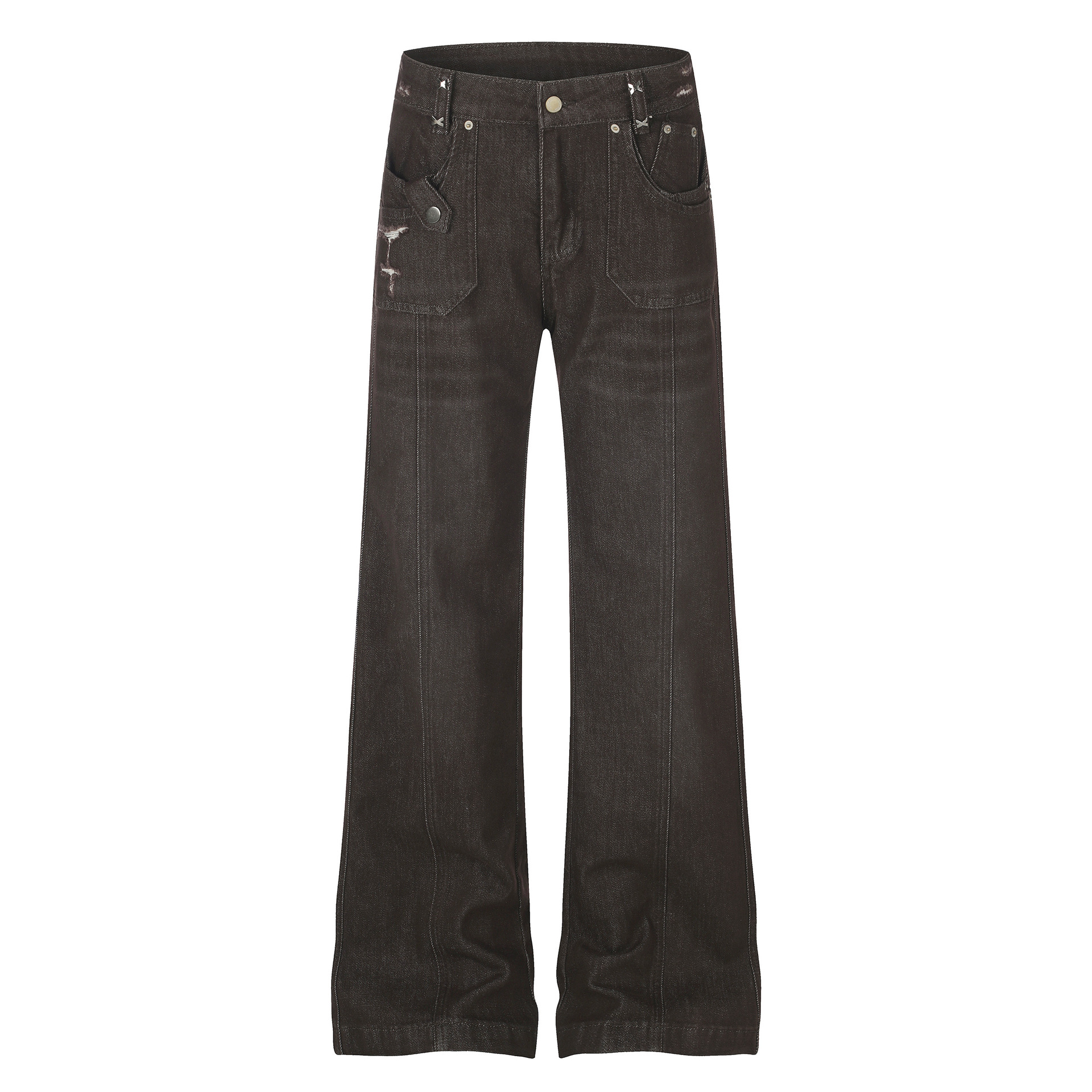 Women's High Street Embroidered Pocket Washed Distressed Cat Whisker Micro Flare Denim Jeans — image 1