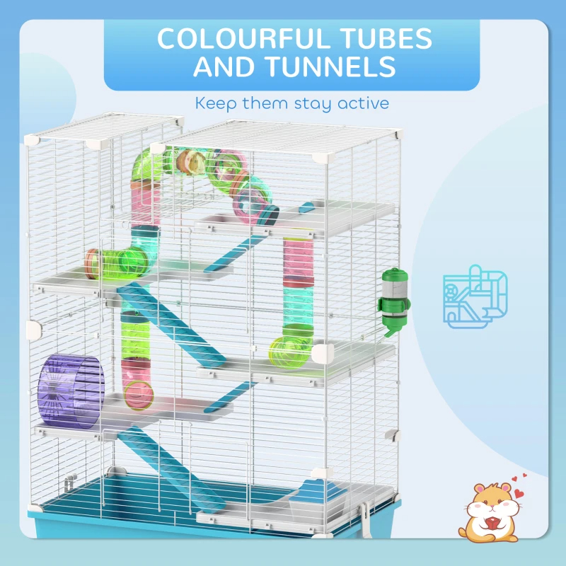PawHut 6 Tier Hamster Cage With Tubes And Tunnels, Hut, Wheel, Food Dish, Water Bottle, Ramps, For Dwarf & Gerbil, Light Blue — image 5
