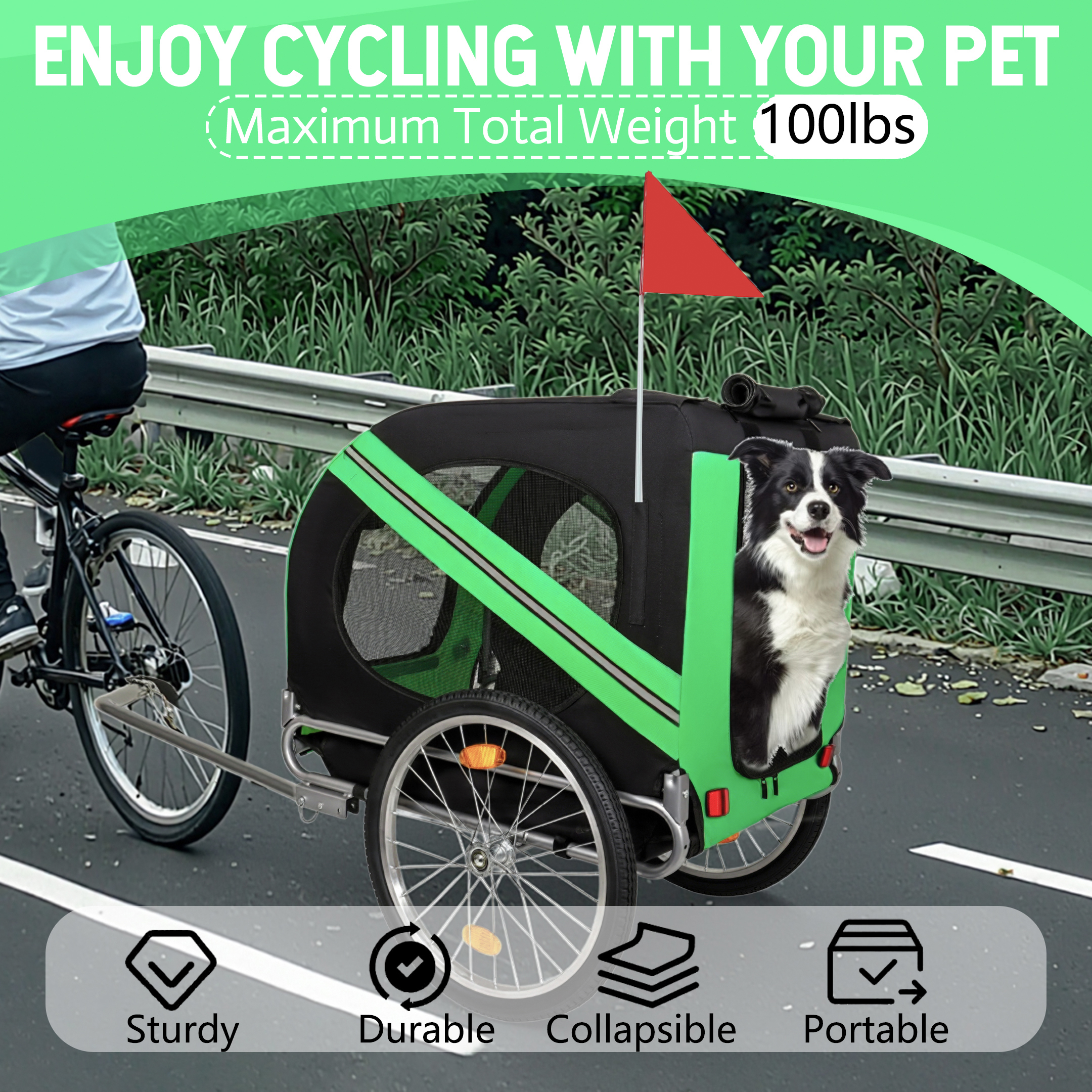 Large Folding Bike Trailer For Dogs - 100LB Capacity All-Terrain Pet Carrier, Durable Steel Frame For Cycling, Jogging, Camping & Outdoor Adventures, Black- Green — imagen 5