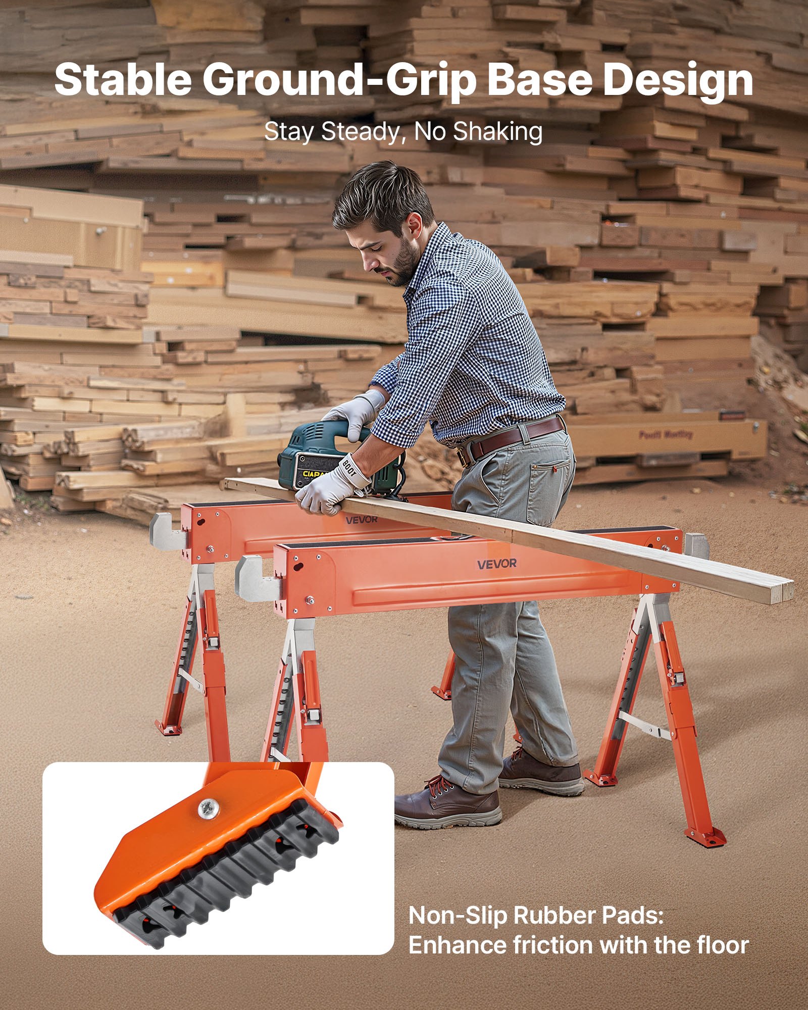 Saw Horses, 2 Pack Folding Work Horses, 1800 Lbs Load Capacity Sawhorse With Heavy Duty Legs, Adjustable Height Saw Horse With Non-Slip Foot Pads, For Woodworking, Carpenters & Contractors — image 2