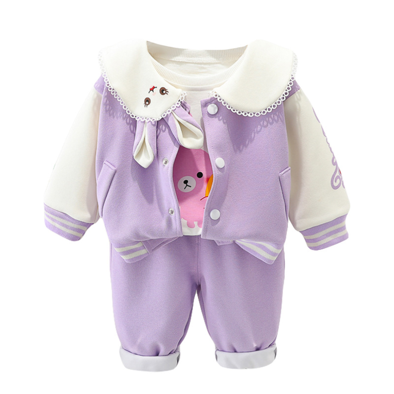 Girls 0-4 Years Old Rabbit Print Zipper Hoodie Pants Set with Wide Collar — image 6