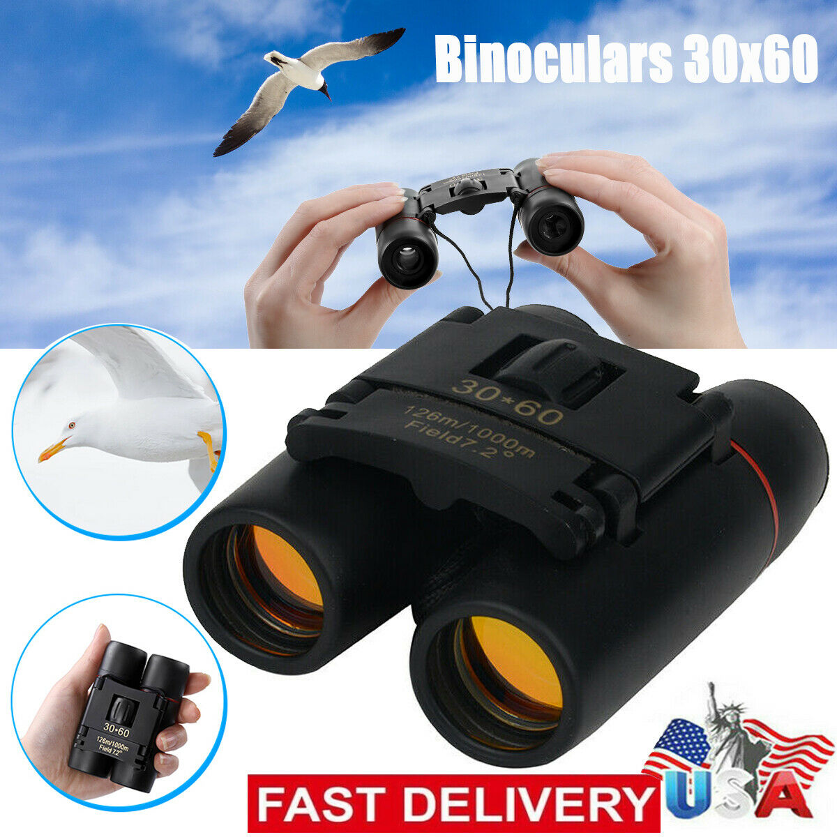 Binoculares 30x60 con Zoom, para Viajes, Telescopio Plegable Compacto, para Caza, Día y Noche, al Aire Libre, Binoculares Pequeños de Bolsillo, Compactos para Adultos, Mini para Niños, para Niños, para Observación de Aves, Conciertos, Teatro y Ópera — imagen 8