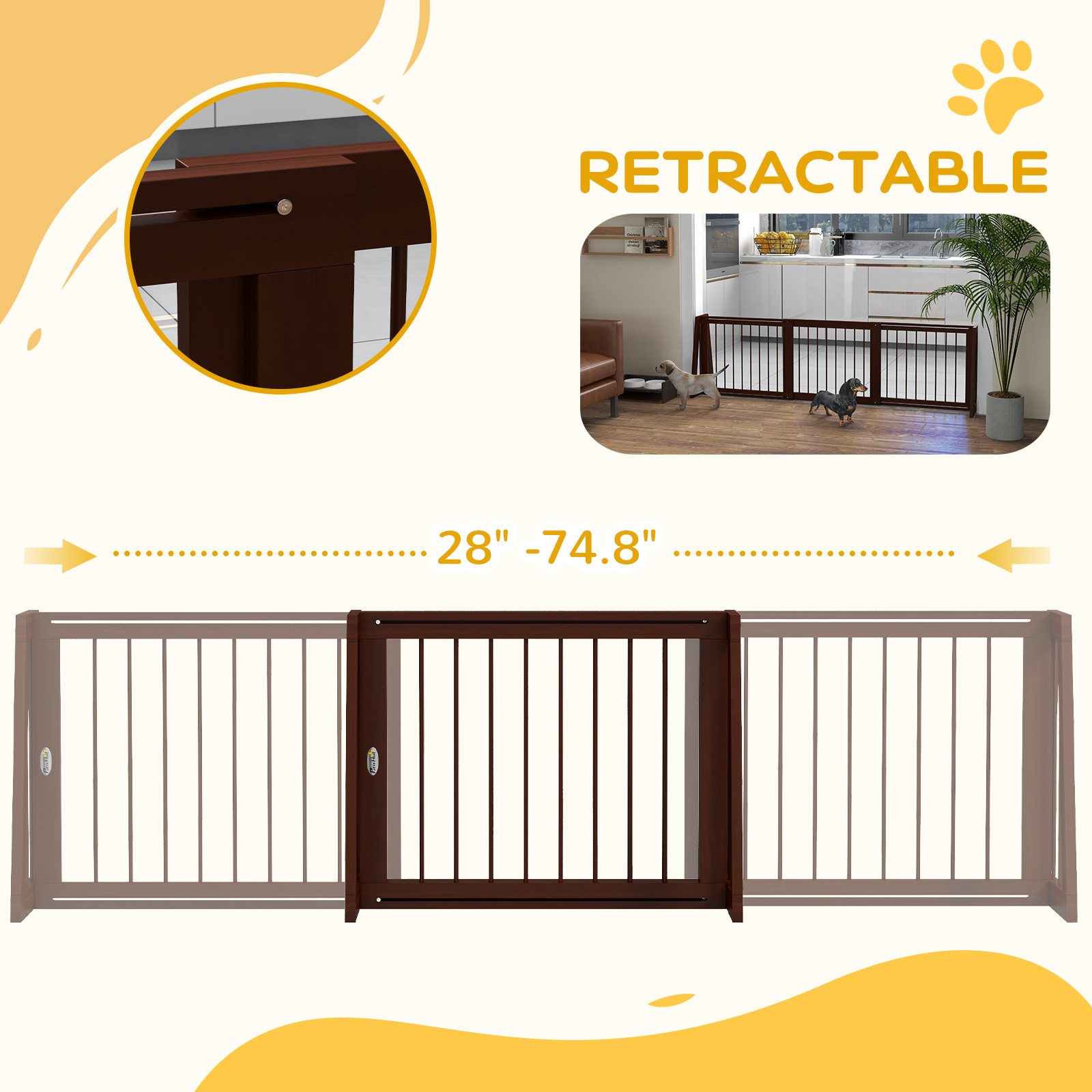 28"-75" Freestanding Wooden Pet Gate with Support Feet & Non-Slip Mats for Indoor, Stairway, Doorway, Brown — image 7