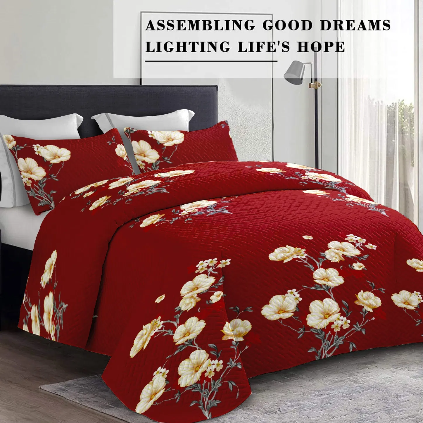 9-Piece Burgundy Red Floral Bedding & Curtain Combo Set, Elegant Wine Red Quilted Bedspread with 6 Light Filtering Window Panels & 2 Shams, Easy Care Microfiber Coverlet, Pet Friendly — image 16