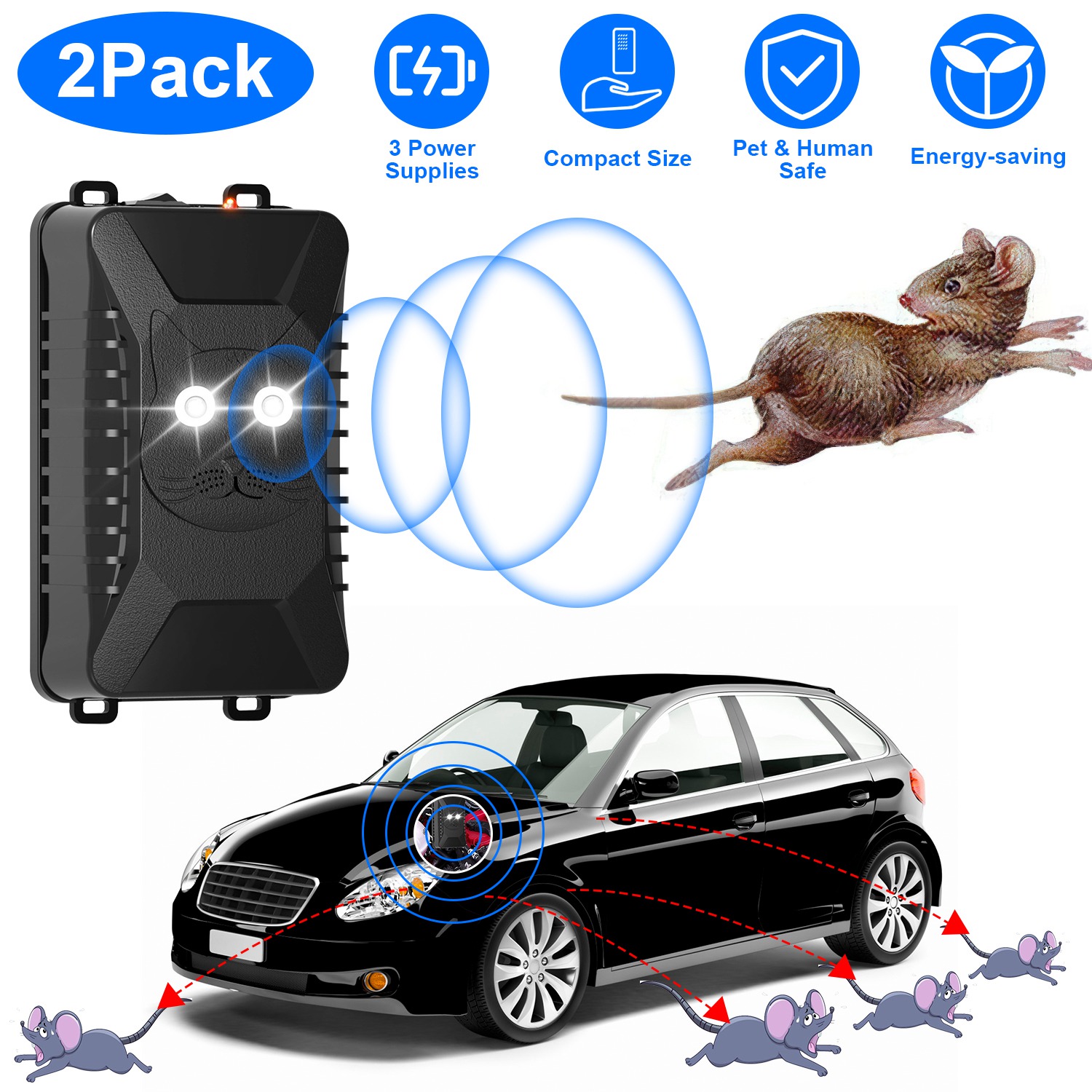 2 Packs Under Hood Ultrasonic Rodent For Spring Repellent Mouse Wildcat Control Portable Rodent Chaser With 3 Power Supplies For Car Home Garage — image 1