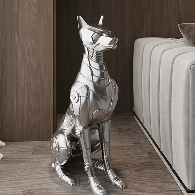 Modern Fashion Interior Resin Animal Sculpture Home Villa Corner Proch Electroplated Silver Doberman Dog Statue — image 4
