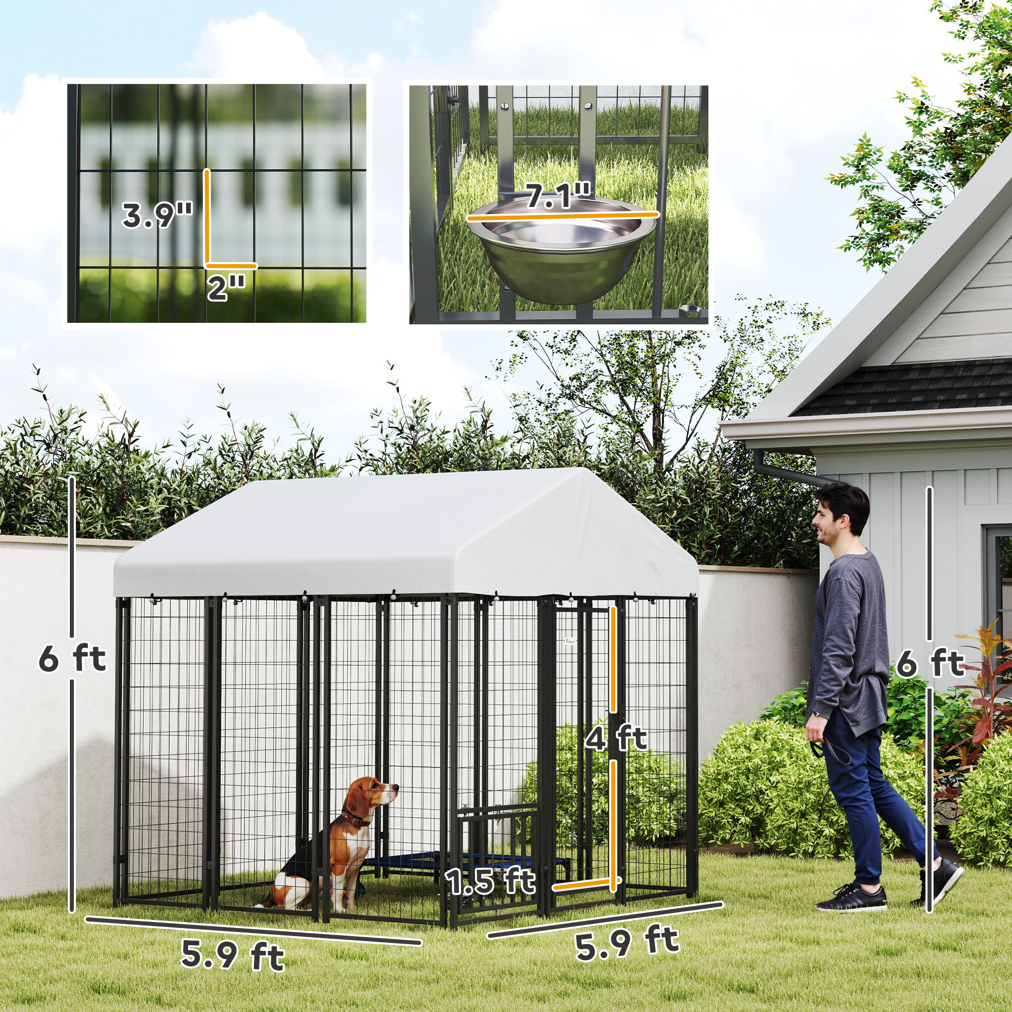 5.9 x 5.9 x 6 Outdoor Dog Kennel with Roof, Rotating & 4-Level Adjustable Bowls — image 7