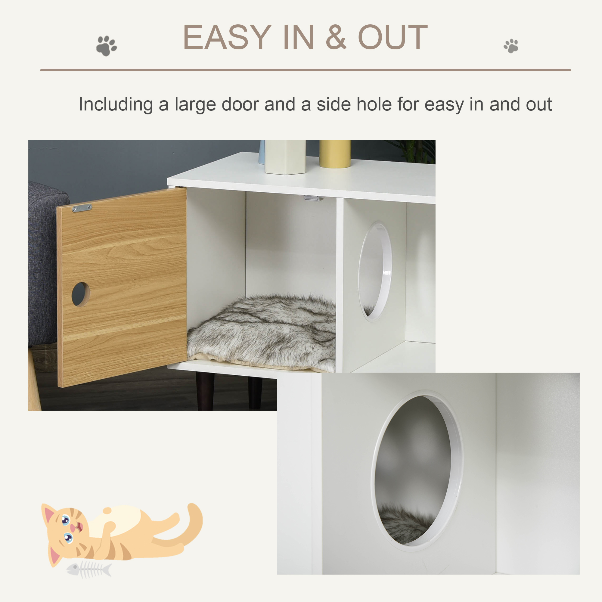 Wooden Cat House With Soft Cushion, Decorative Kitten Condo Side Table, Elevated Pet House With Storage Space — imagen 3
