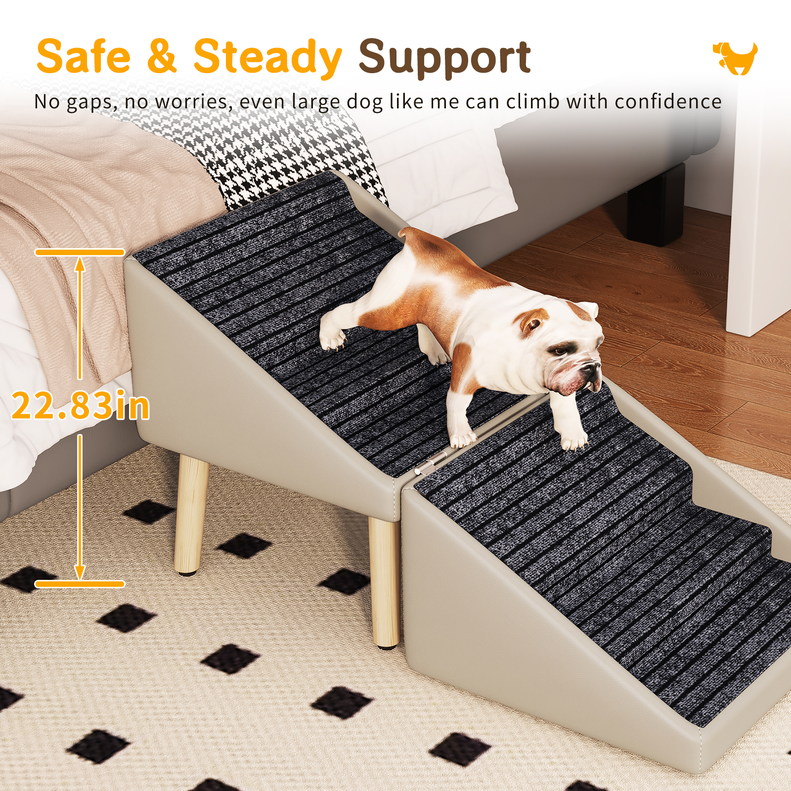 Paso para Perros para Cama y Sofá - Escaleras de Madera 2 en 1 para Perros Grandes, Medianos y Pequeños, Diseño Split con Superficie Antideslizante Gris Claro — imagen 16