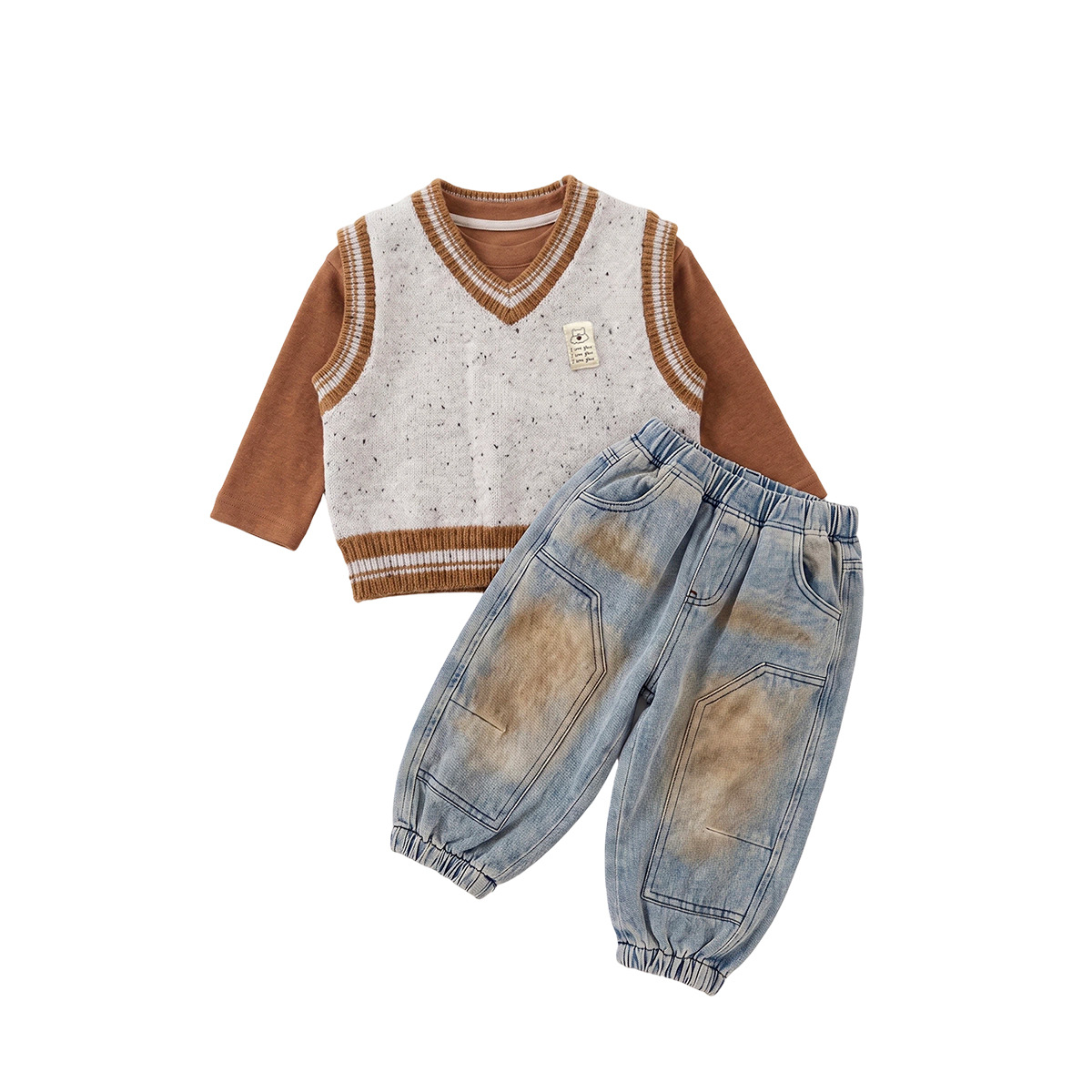V-Neck Knit Vest, Bear Print Hoodie and Versatile Jeans Three-Piece Set — image 2
