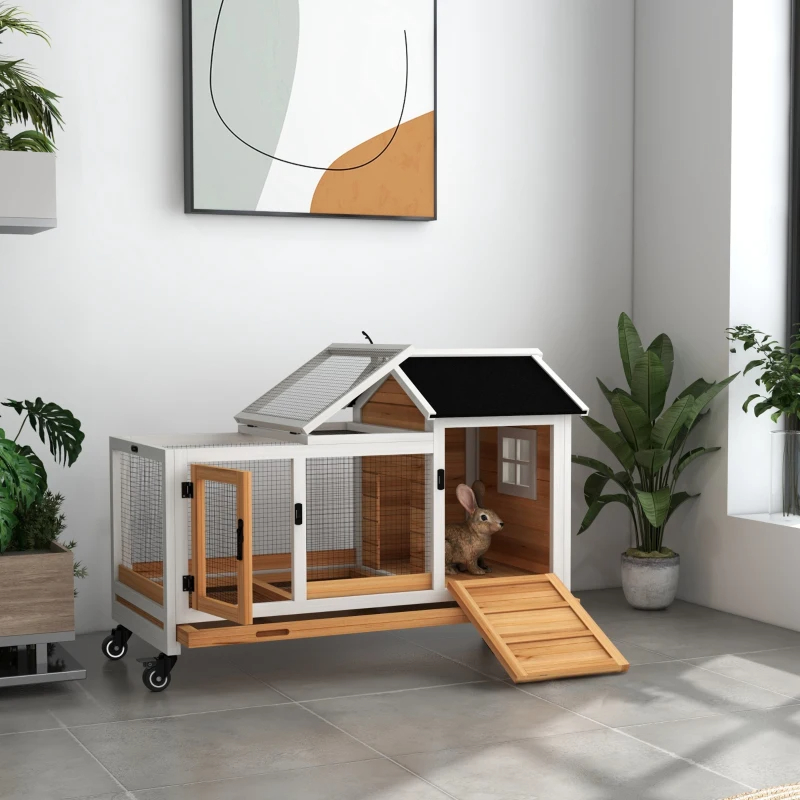 Wooden Rabbit Hutch With Wheels, Run, Slide-out Tray For Small Animals, Guinea Pig, Yellow — imagen 6