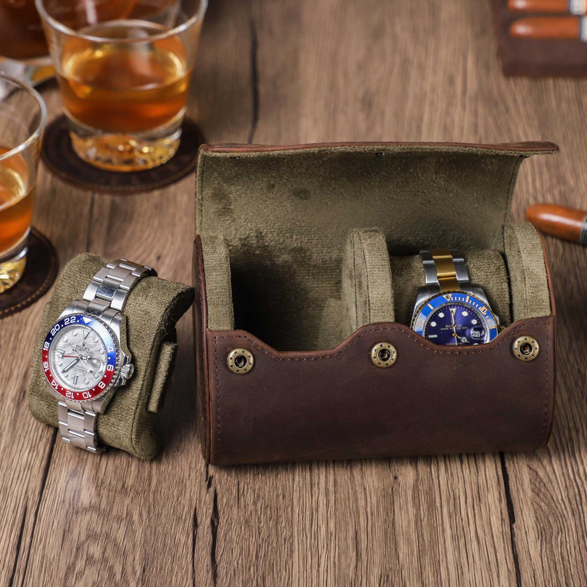Vintage Crazy Horse Leather Mechanical Watch Box, 2-Piece Set, Handmade Portable Travel Leather Watch Case — image 3