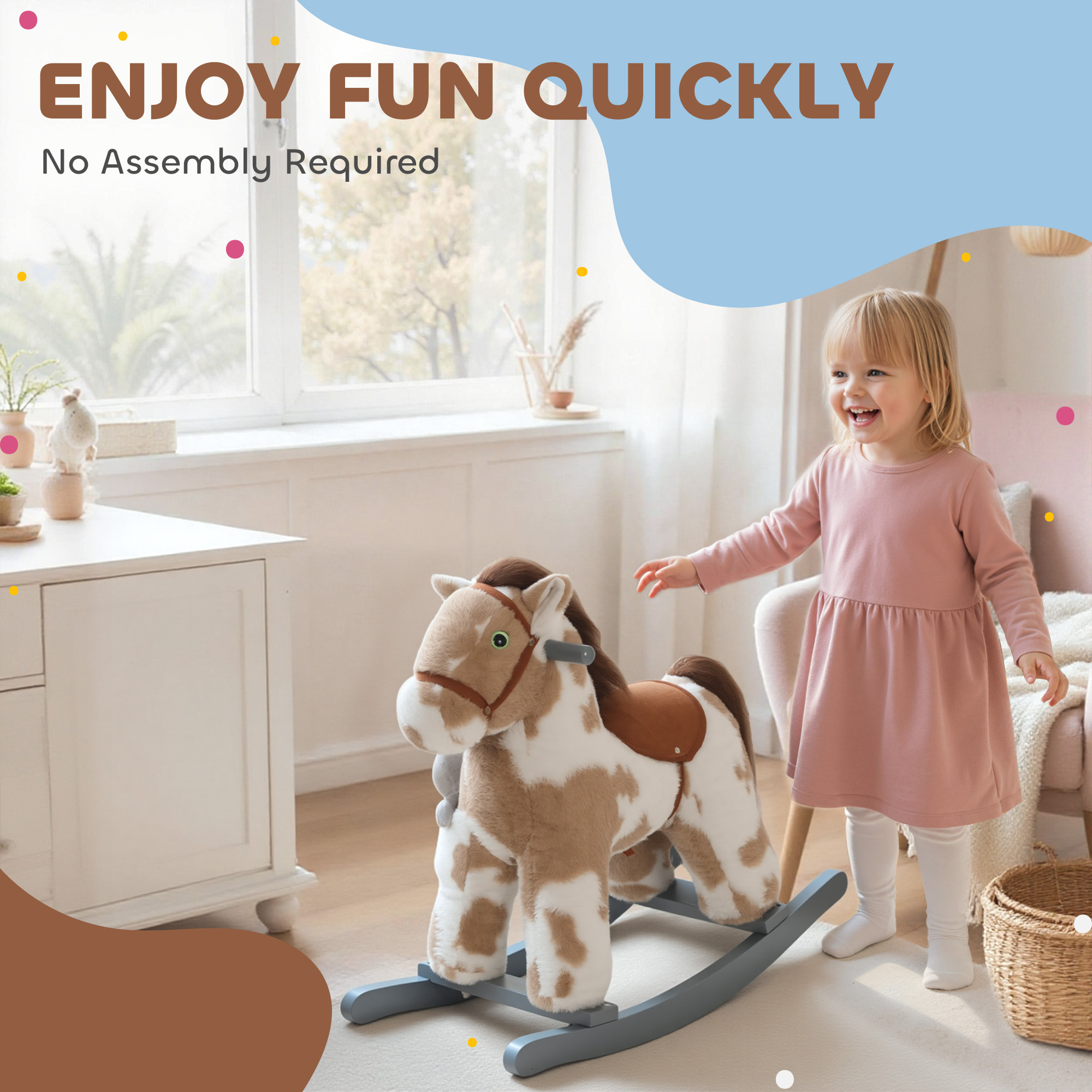 Caballo de Madera que Se Mueve, Caballito de Tela para Niños con Sonidos y Oso de Peluche para Aventuras Imaginativas de 2 a 5 Años, Marrón — imagen 2